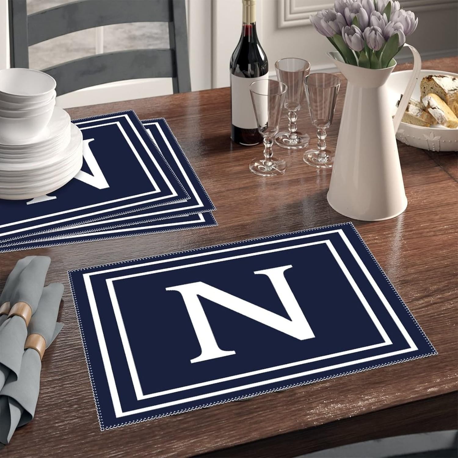 Table Placemats Set of 6 Alphabet Home Decor Table Mats Non-Slip Heat Resistant Place Mats Monogram Initial Letter N Farmhouse Placemats Home Kitchen Restaurant Christmas Party Decoration