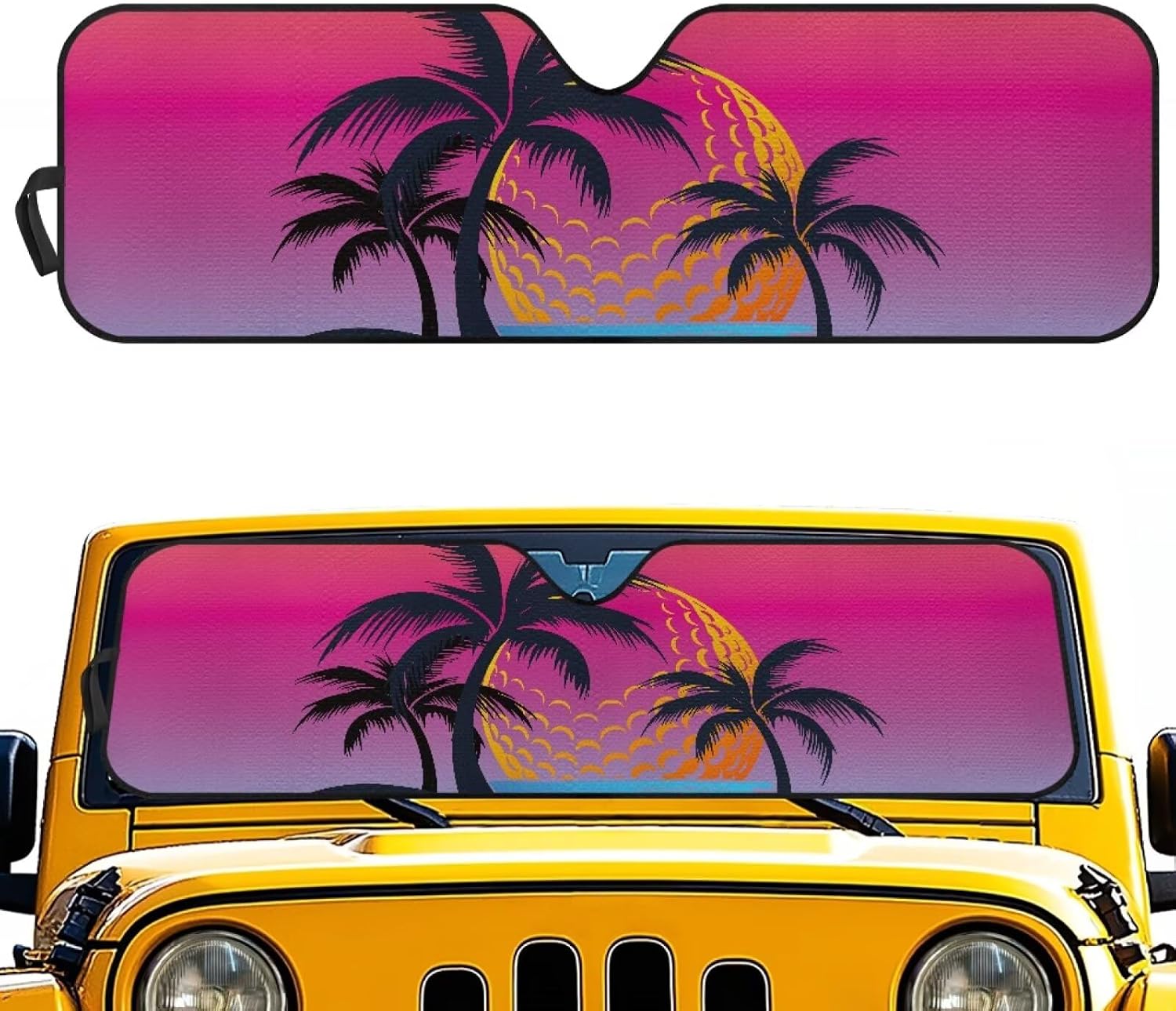 Pensura Windshield Sun Shade Compatible with Jeep Wrangler 1997-2018, Foldable Sunset Palm Tree Front Sunshade Blocks UV Rays and Heat, Sun Shade Shield Compatible with Wrangler JK JKU TJ