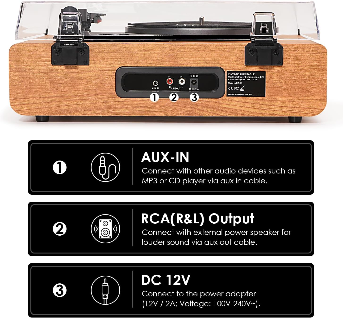Vinyl Record Player Vintage 3 Speed Turntable Bluetooth with Upgraded Speakers, Adjustable Counterweight, Vinyl LP Player with Enhanced Sound, Aux-in & RCA Output,Light Wood - Image 4