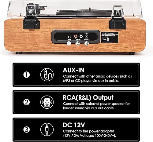 Miniatura 6 de Tocadiscos de madera vintage con Bluetooth, tocadiscos de 3 velocidades con altavoces, entrada AUX, conector para auriculares, salida RCA, parada