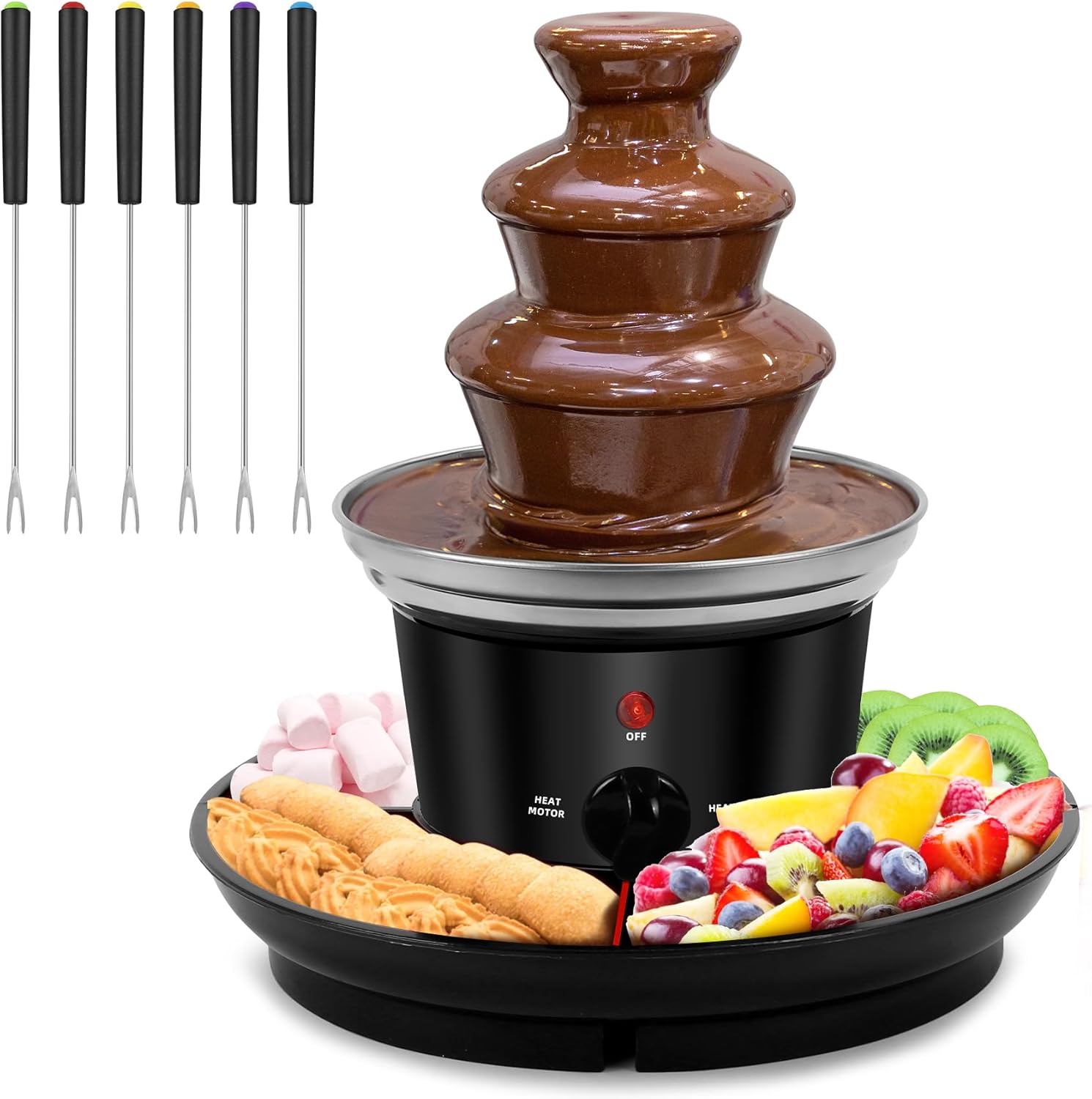 16oz Chocolate Fondue Fountain, 3-Tier MINI Chocolate Fountain with 6PCS Fondue Fork and Removal Fruits/Nuts/Treats Serving Tray for BBQ Sauce,Ranch,Nacho Cheese,Liqueurs