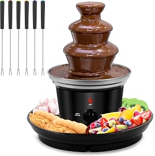 16oz Chocolate Fondue Fountain, 3-Tier MINI Chocolate Fountain with 6PCS Fondue Fork and Removal Fruits/Nuts/Treats Serving Tray for BBQ Sauce,Ranch,Nacho Cheese,Liqueurs (Black+Silver)
