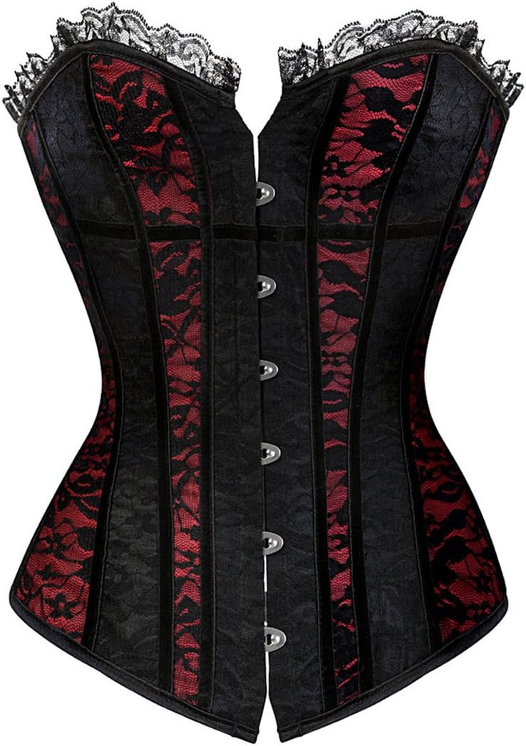 Zhitunemi 1421 Women's Elegant Black Red Oriental Style Lace Through Top Floral Overbust Corset 2X-Large Black Red