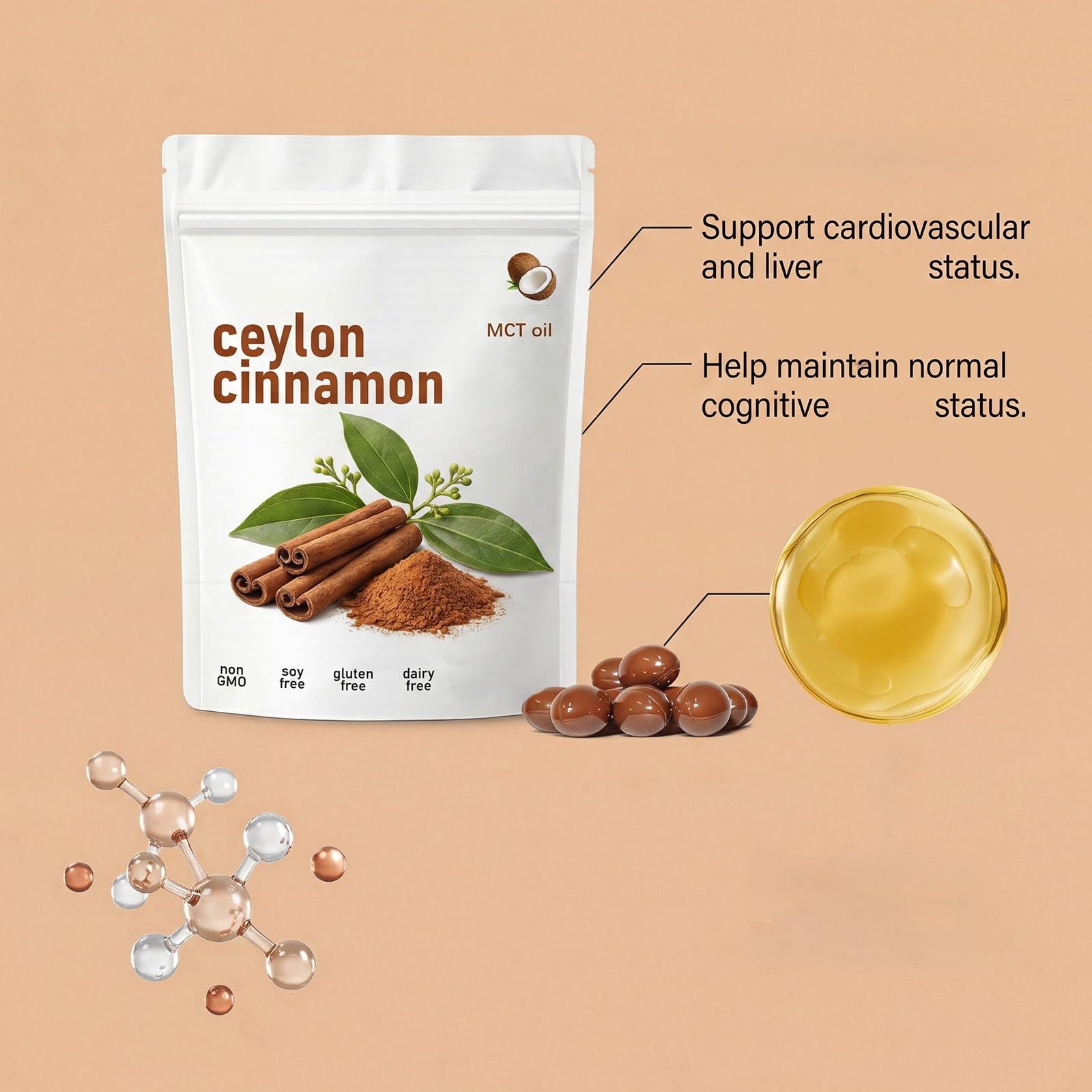 Ceylon-Zimt mit MCT-Öl – echter Ceylon-Zimt, Energie, Stoffwechselunterstützung – gentechnikfrei, glutenfrei,1Pcs