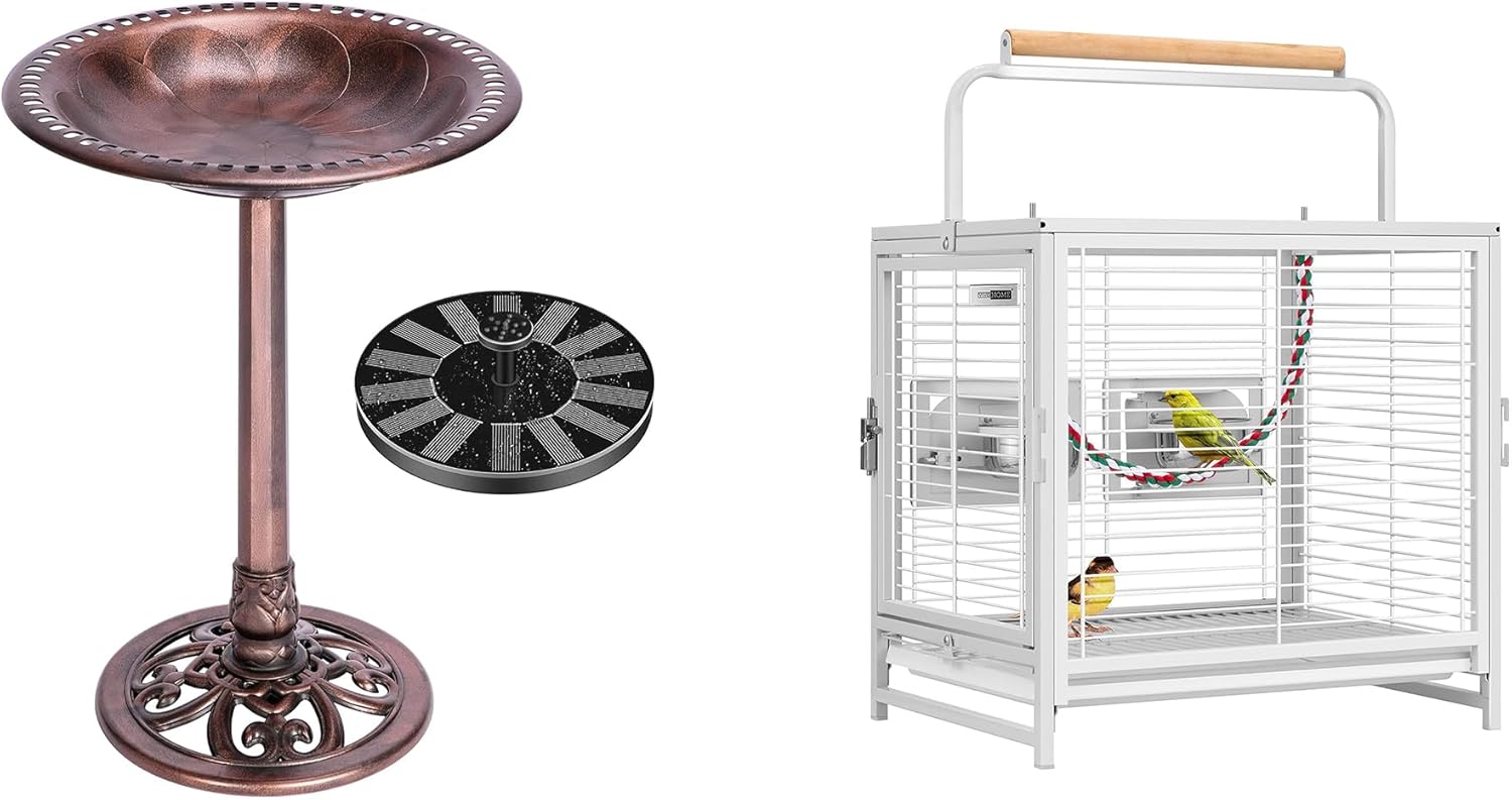 VIVOHOME Polyresin Antique Outdoor Bronze Garden Bird Bath and Solar Powered Round Pond Fountain Combo Set and 19 Inch Wrought Iron Bird Travel Carrier Cage