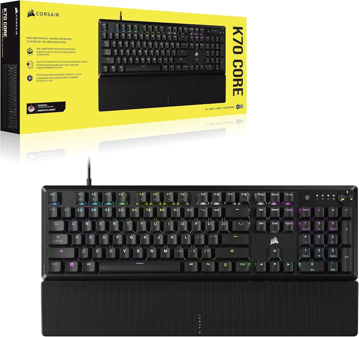 Corsair Teclado mecánico K70 CORE RGB para juegos, interruptores lineales rojos MLX prelubricados, amortiguación de sonido, esfera de control multimedia, compatible con iCUE