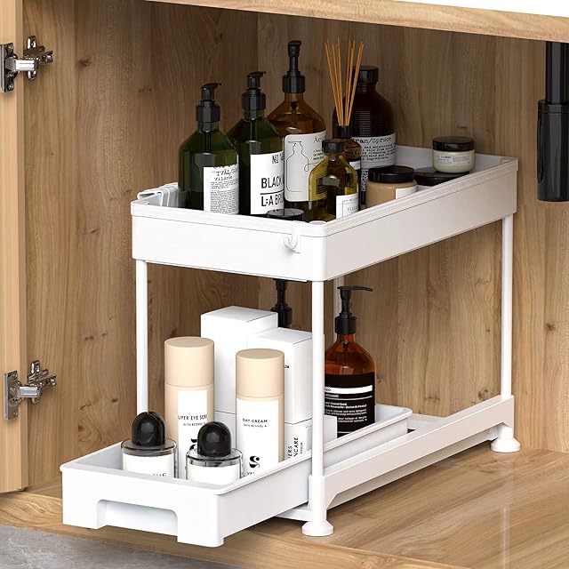 Ronlap Under Cabinet Slide Out Storage Drawer Kitchen Organiser, 2 Tier Under Sink Storage and Organizer, Multi-Purpose Storage Shelf with Hooks for Kitchen, Bathroom, Laundry Room, White