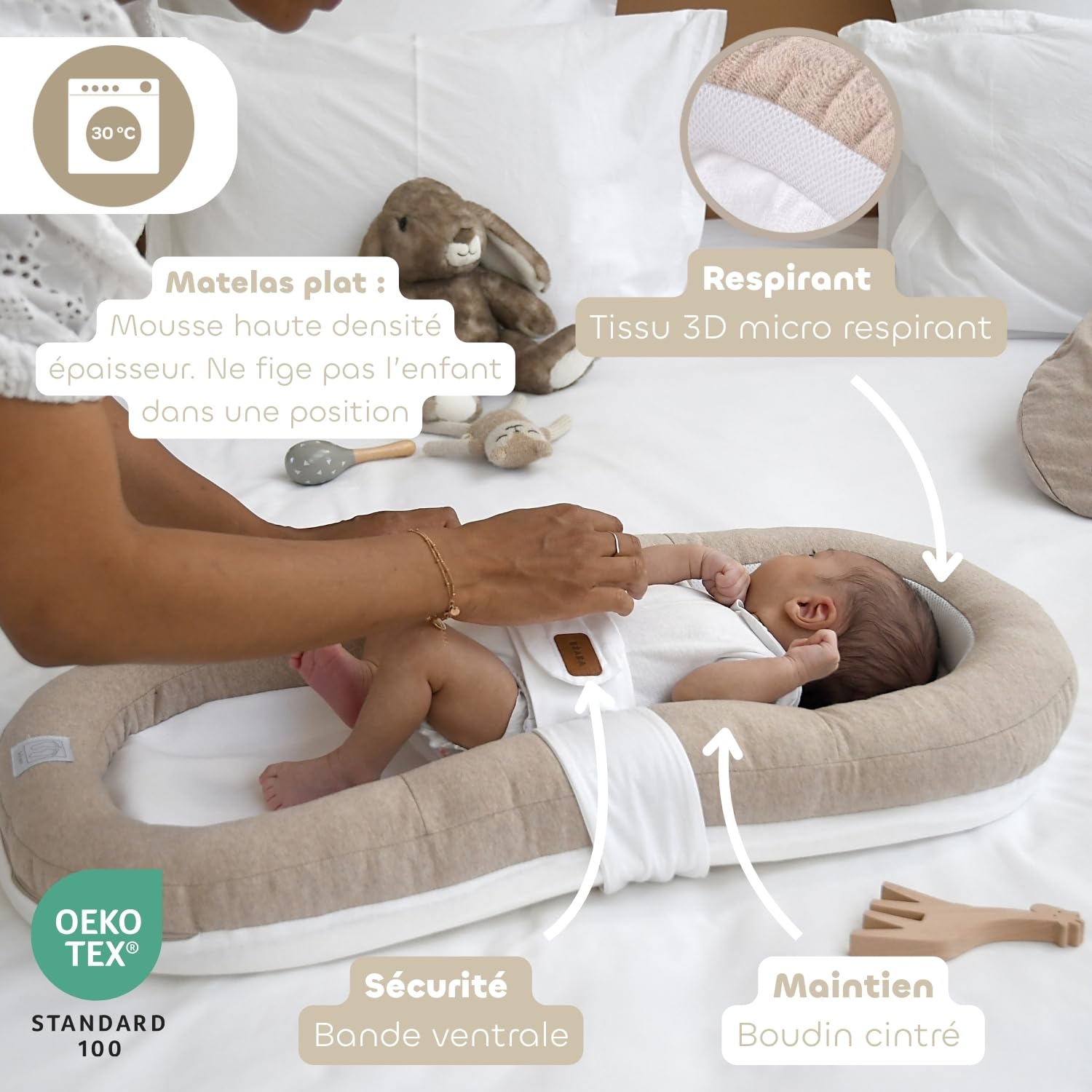 BÉABA, Cocoony Réducteur de Lit Bébé, Dès la Naissance, Cocon Apaisant et Respirant, Ceinture de Sécurité, Maintien sur le Dos, Textile Ultra Doux 100% Coton, Déhoussable, Lavable, Certifié Oeko-Tex