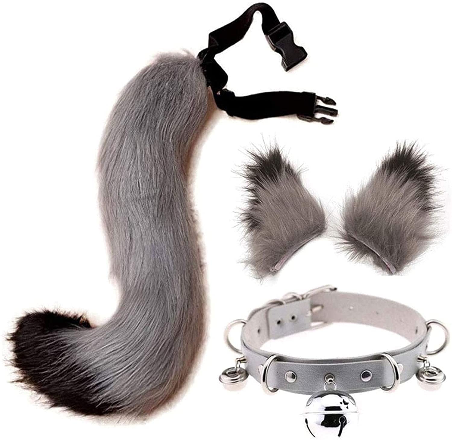 Kitahome Tail and Ears Set, Long Fox Tail Cosplay Faux Fur Furry Fox Wolf Tail Kit with Ears and Bells Collar for Kids, Girls, Boys, Teen, Women, Children, Party (25.6inch/65cm) (Grey & Black)