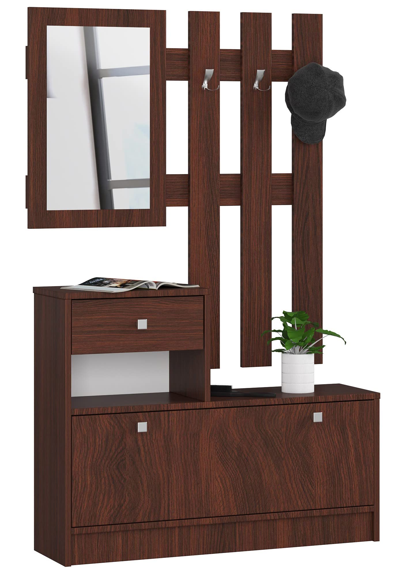 AKORD Complete 2-Piece Wardrobe Set in Wenge color, showing the shoe cabinet with drawer and the wall-mounted coat rack with mirror.