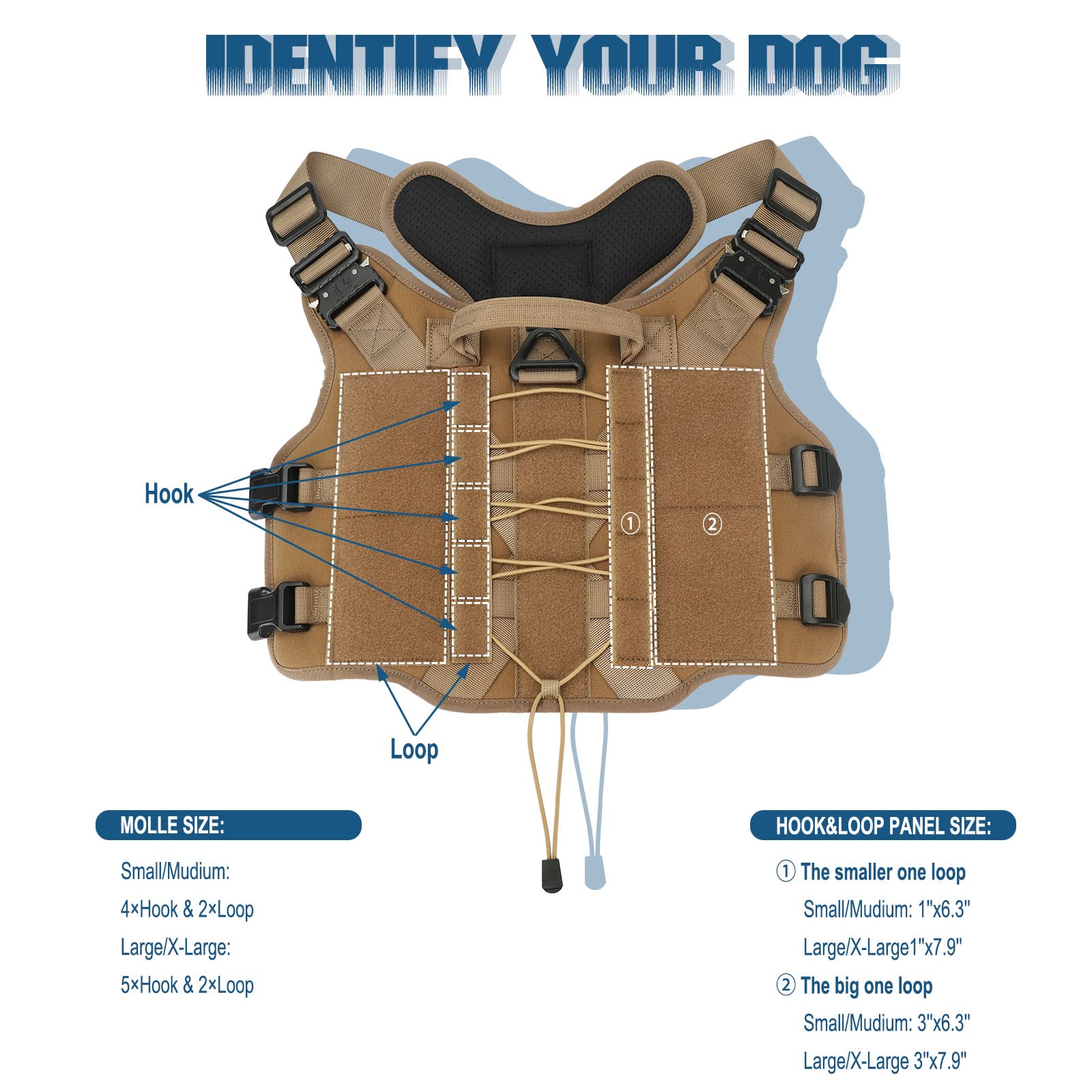 PETNANNY Arnés táctico para perros de gran tamaño, chaleco MOLLE resistente para perros de servicio medio, chaleco ajustable con asa, gancho, panel de hebilla, parches reflectantes (caqui, XL)