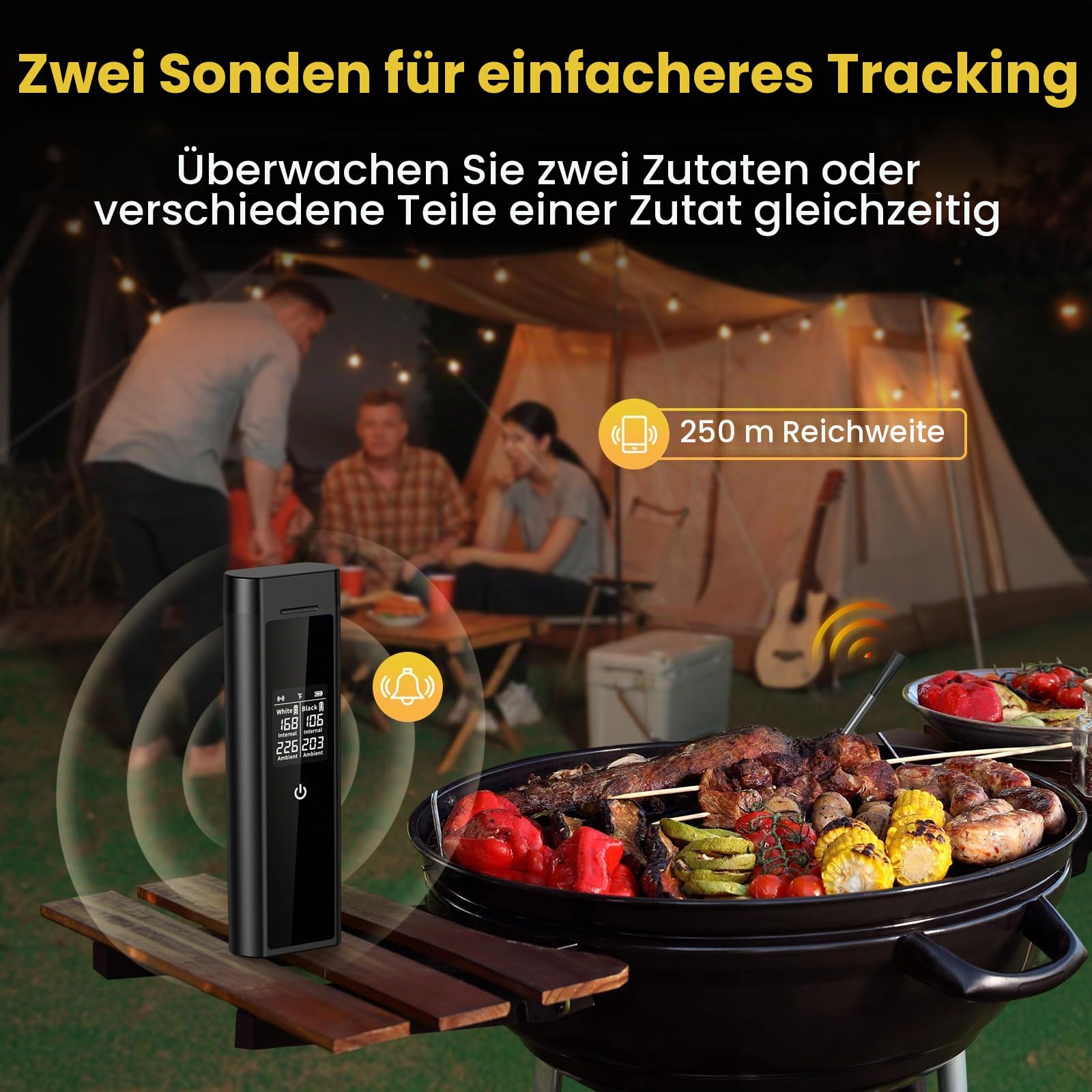 Fleischthermometer Kabellos Doppel Sonde | Bluetooth Grillthermometer, IP67 Wasserdicht, 250m Reichweite, Geschirrspülmaschinenfest, Kerntemperaturmesser für Backofen, Grill, Smoker, BBQ & Air Fryer