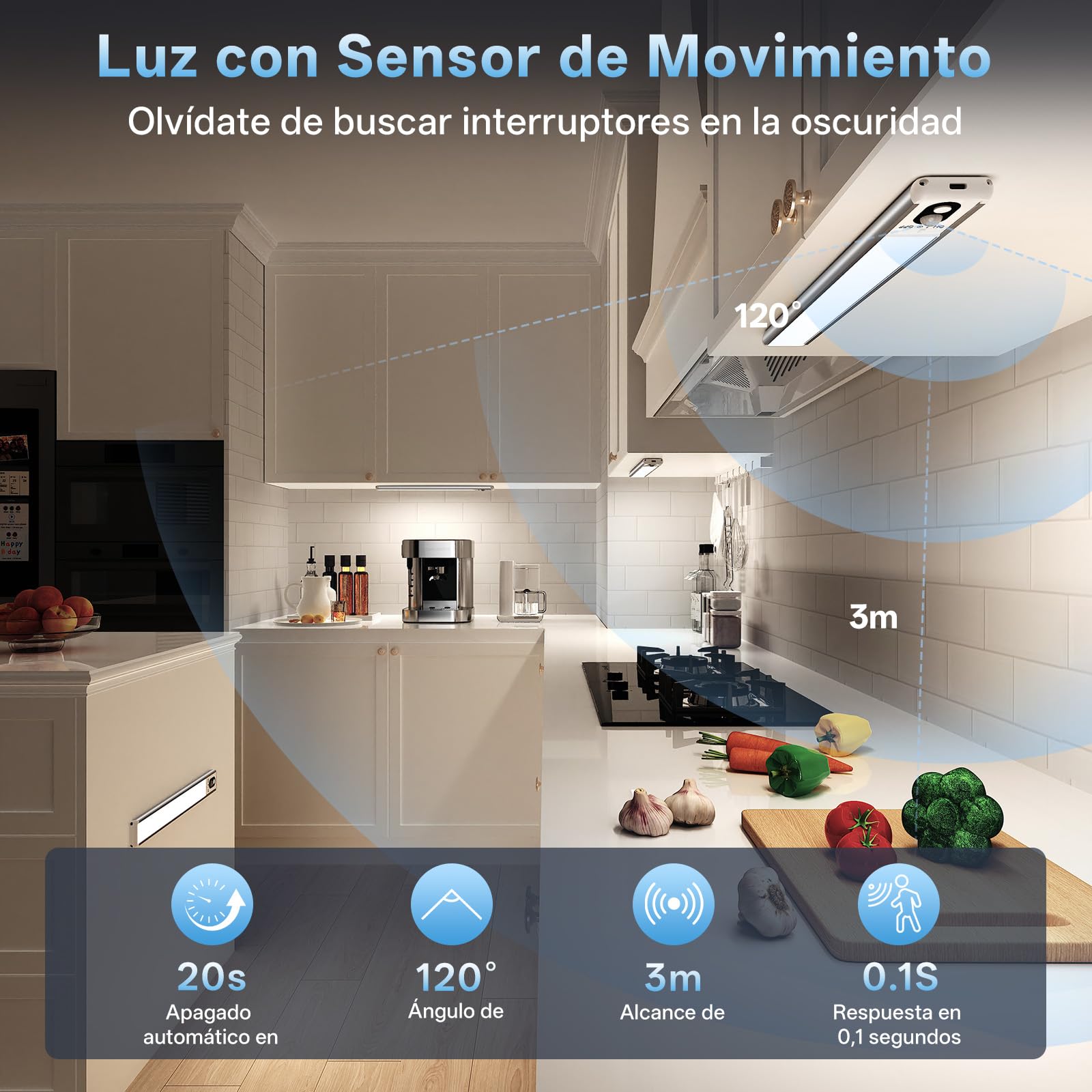 Luz Led con Sensor de Movimiento, 35 cm Luz Armario, 6 piezas | Lámpara Led Recargable con 3 temperaturas de color,2200 mAh, Atenuación Continua, Montaje Magnético para Armarios y Vitrinas