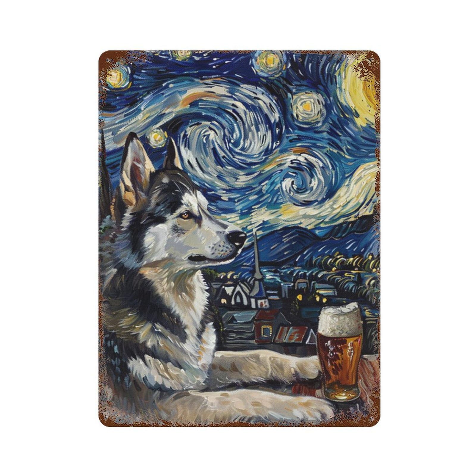 Starry Night Husky with Beer Decorative Tin Sign 15.7"x11.8", Farmhouse Wall Decor for Garage, Bar And Workshop Decor