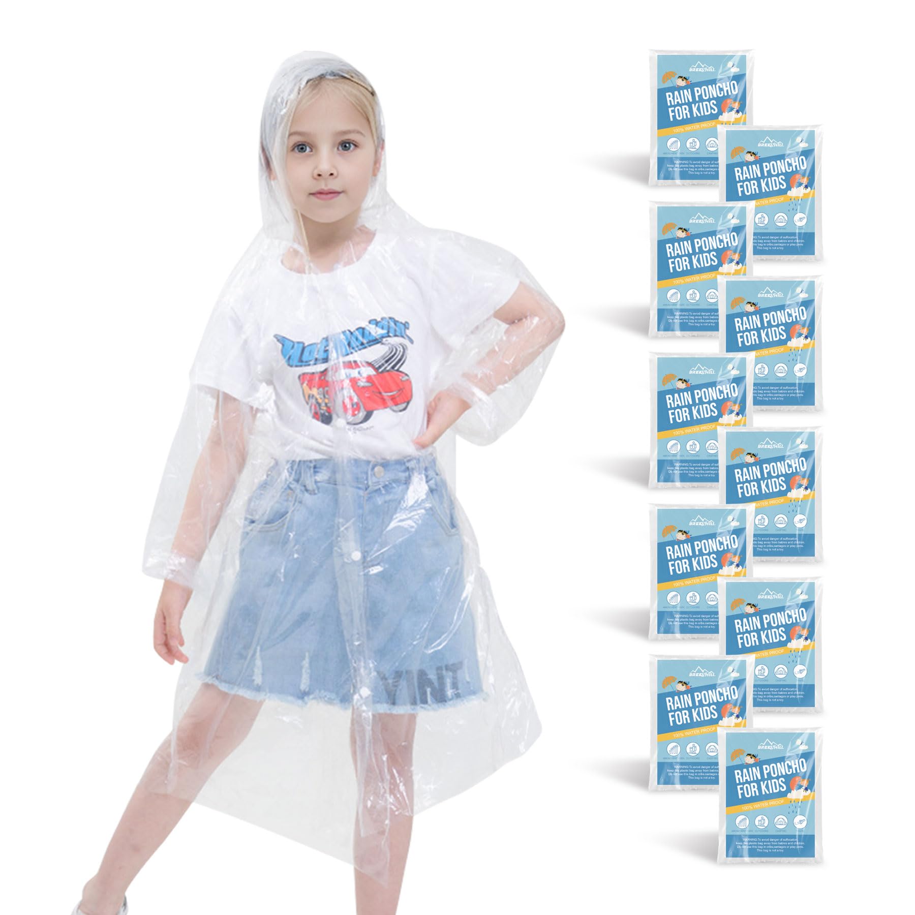 BREENHILL Disposable Rain Ponchos for Kids,Rain Ponchos Family Pack,Clear Kids Ponchos,Individually Wrapped.