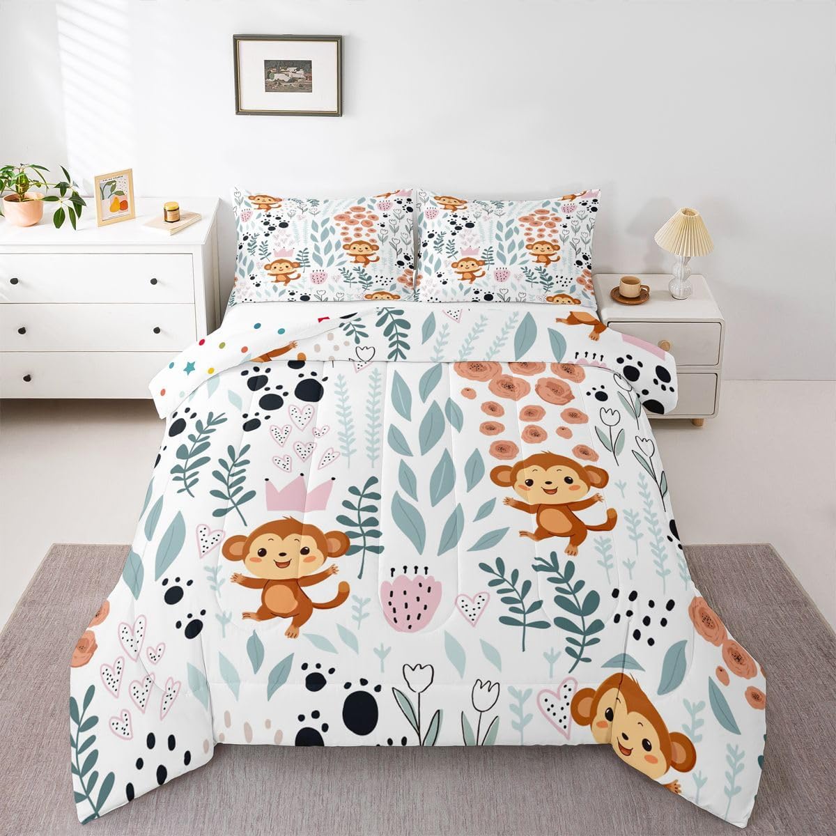 Kawaii Monkey Comforter Set Full,Jungle Animals Monkey Bedding Set for Kids Girls Boys,Cute Love Heart Leaves Flowers Comforter Set,Paw Print Wildlife Quilt Bed Set with 2 Pillow Cases