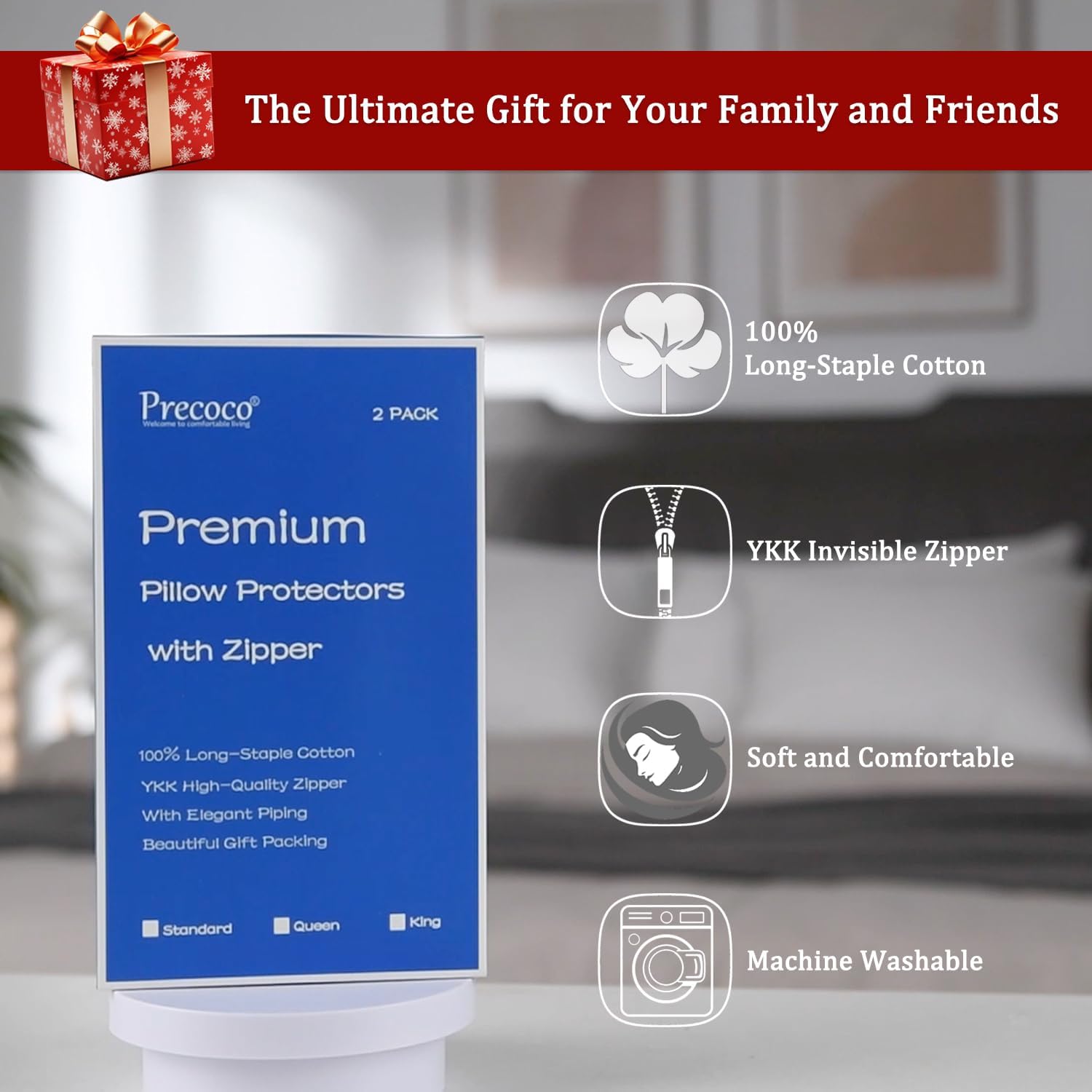 Precoco Pillow Protectors with Zipper King Size, Premium Soft 100% Long-Staple Cotton King Size Pillow Cases Set of 2, White Pillow Covers Hidden Zippered Pillow Case Protector for Gift, 20x36