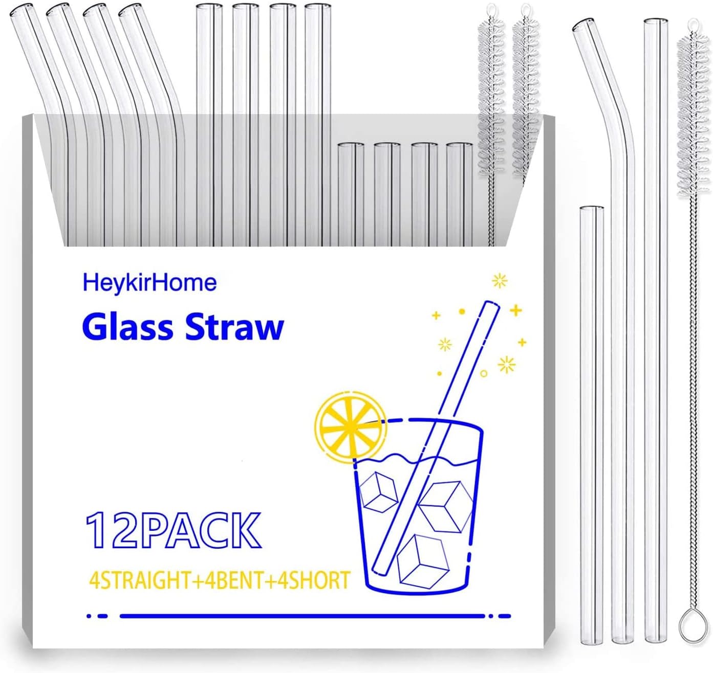 HeykirHome 12-Pack Reusable Glass Straws ,4 Pack Straight 8''x10 MM+ 4 Pack Bent 8''x10 MM+4 Pack Short 5”x10 MM with 2 Cleaning Brush- Perfect For Smoothies, Tea, Juice