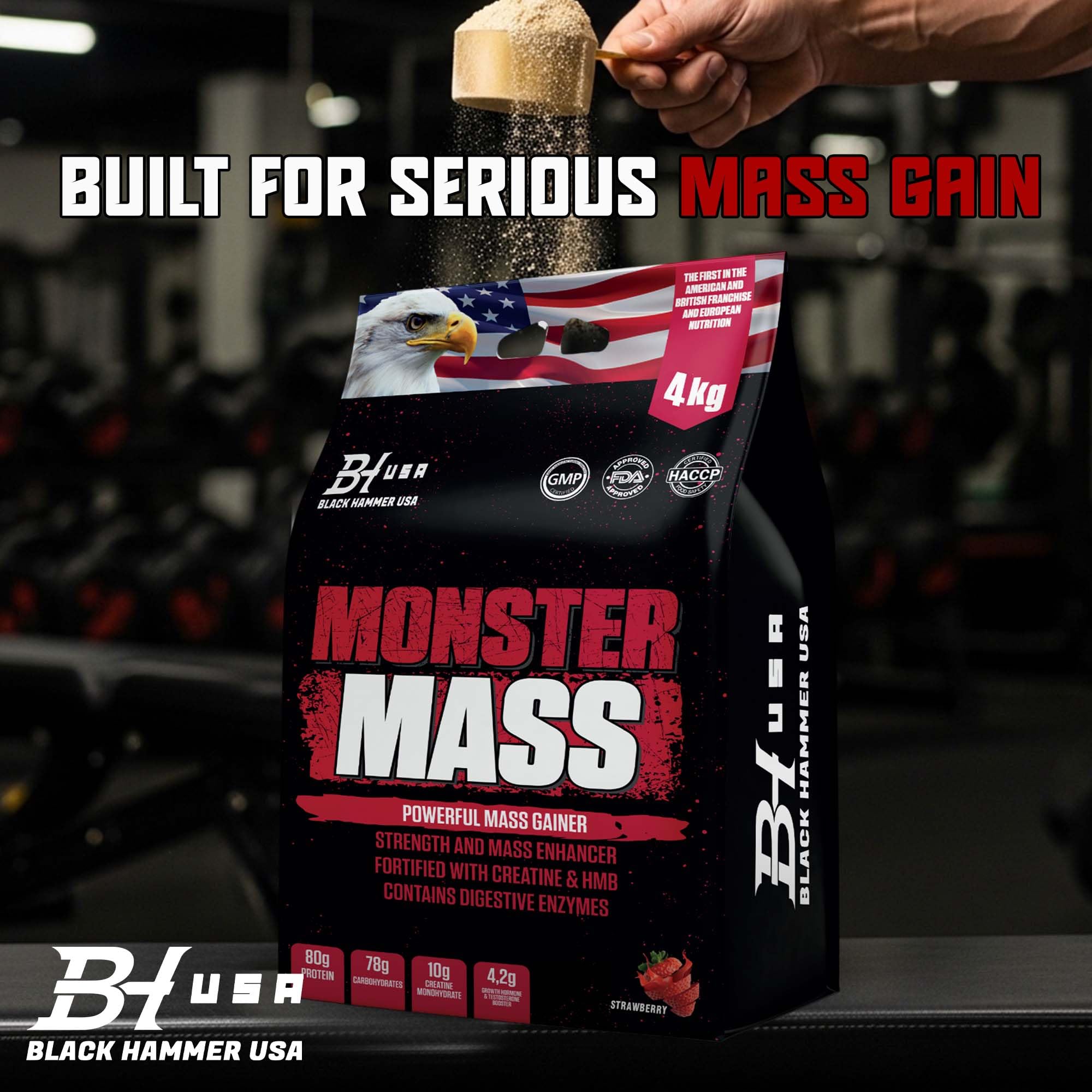 MONSTER Mass Gainer 4kg / 8kg Weight Gainer Protein Powder High Calorie Muscle Builder + FREE Nano Lemon – Black Hammer USA (4000g, Erdbeere)
