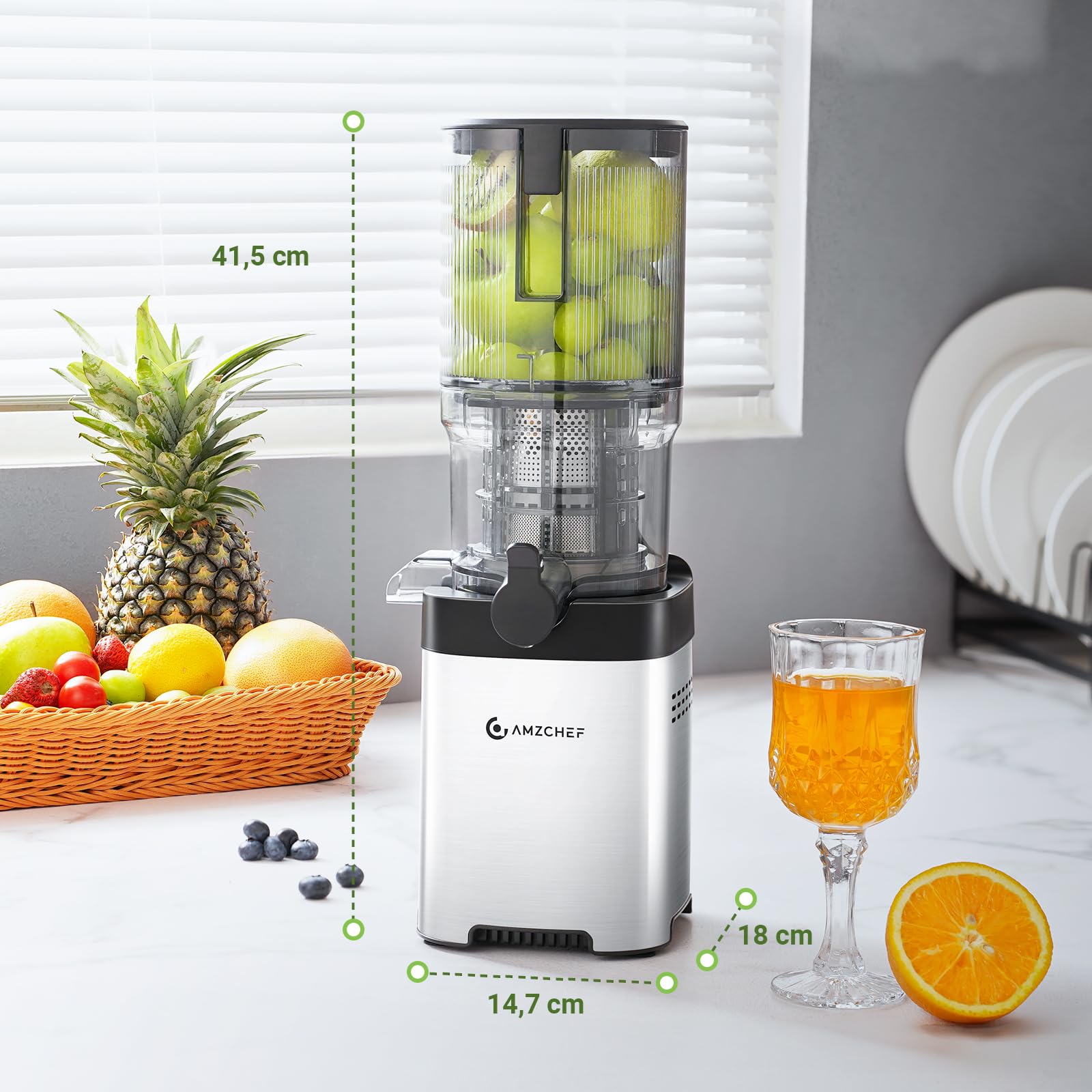 AMZCHEF Extracteur De Jus, Trous D'alimentation Larges De 126 Mm Pour Les Fruits Et Légumes Entiers, Extracteur Jus Lente En Acier Inoxydable Facile À Nettoyer, Grande Vis Sans Fin, Double Filtre