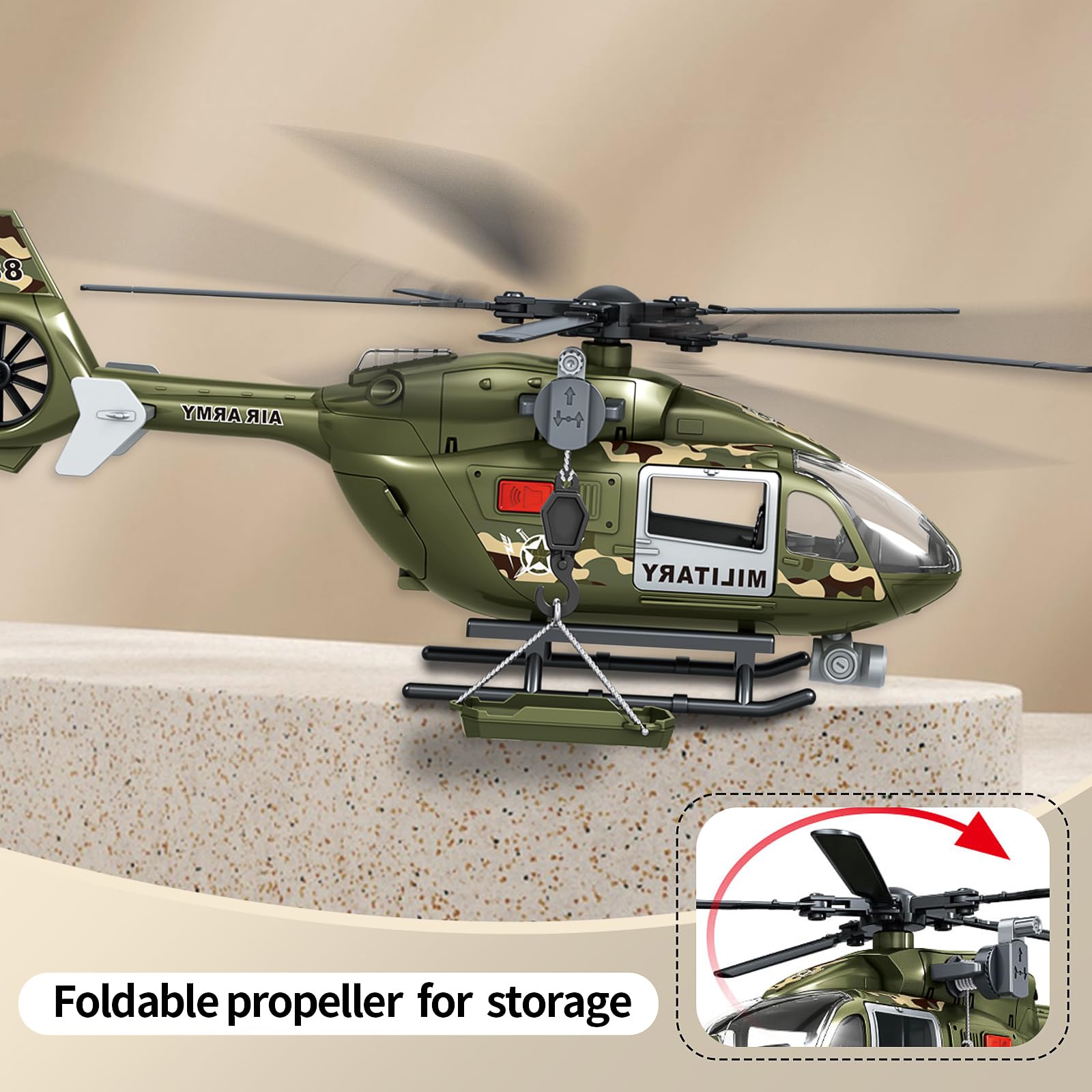Grünes Militärspielzeug mit großem Hubschrauber, Lichtern und Geräuschen, Geschenk für 3-6 Jahre Jungen und Mädchen