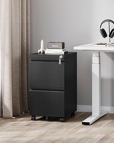 Miniatura 40 de Archivador de 2 cajones con cerradura, archivador de metal debajo del escritorio para tamaño carta/legal/A4, gabinete móvil de oficina en casa