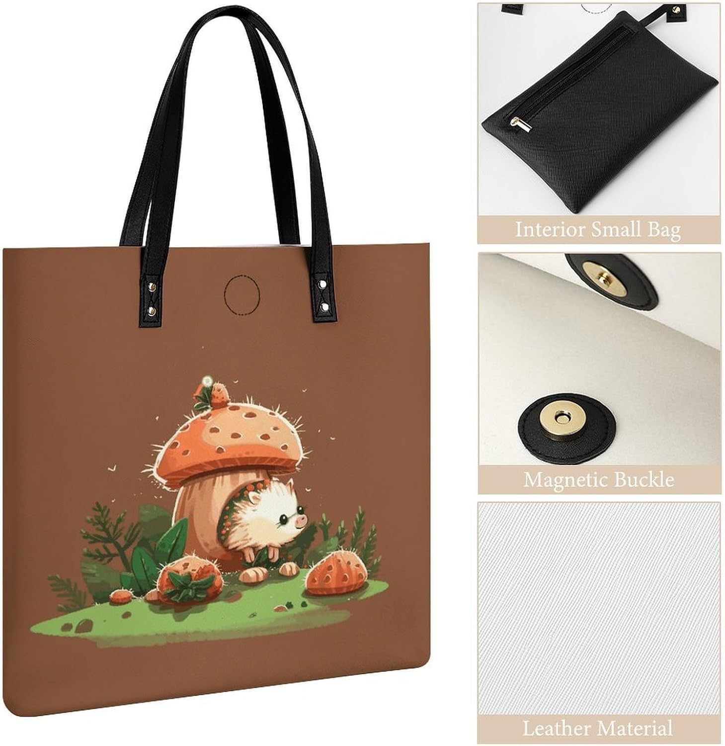 Hedgehog And Mushroom Tote Bag with Magnetic Buckle Reusable Grocery Bags Lightweight Cross Body Handbag for Daily Essentials