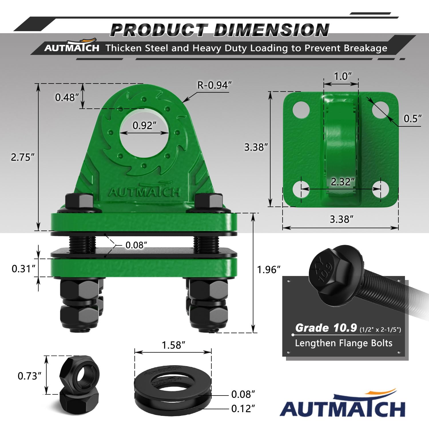 AUTMATCH Staffa ad anello a D con piastra di supporto (2 pezzi) – Staffa con bullone su forcella per paraurti, max 24 T (24 kg) per paraurti, benne, rimorchi, camion, verde scuro