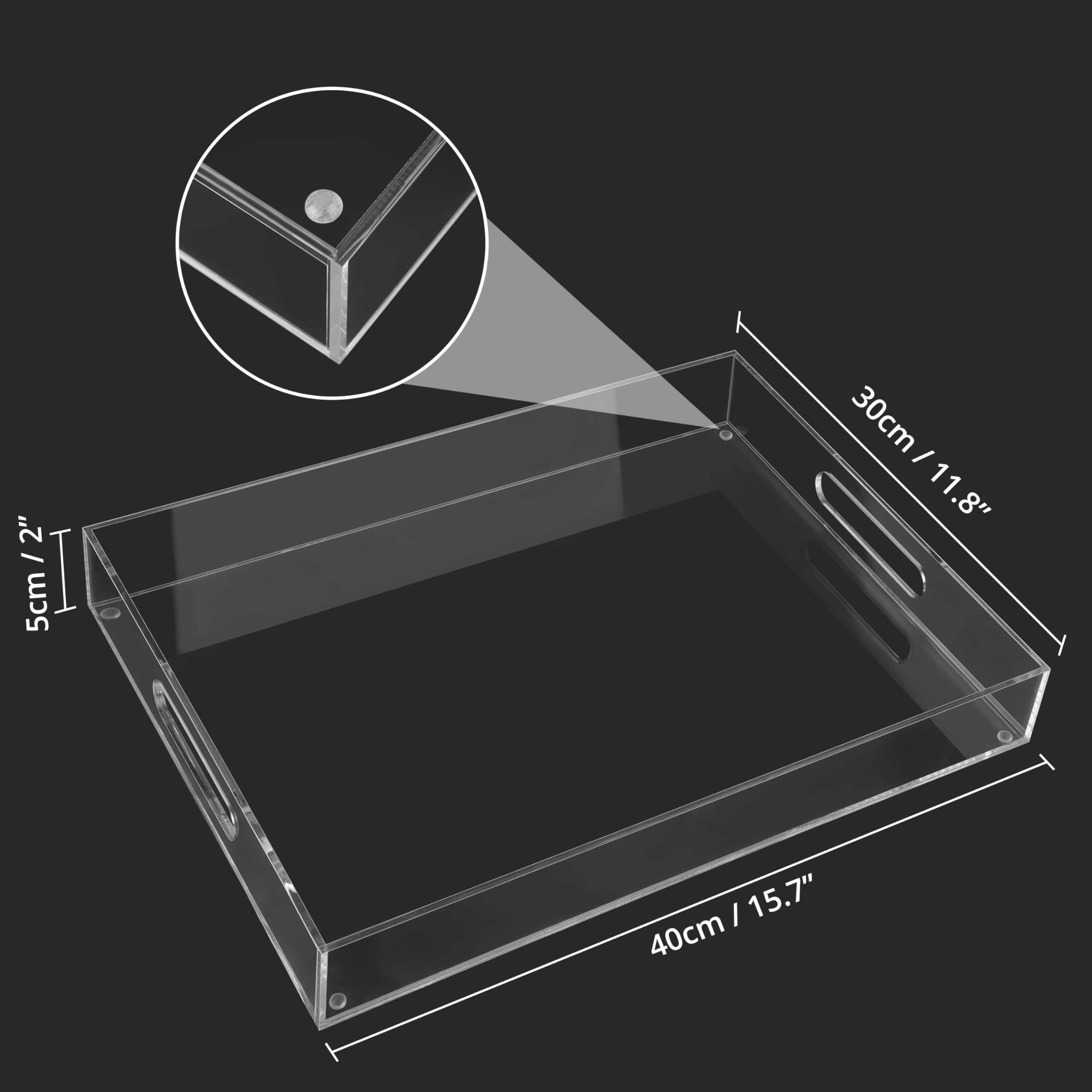 Winter Shore Bandeja Grande Acrílica para Servir (40 x 30 x 5 cm) - Bandejas Plastico Transparente con Asas para el Hogar, Vajilla, Mesa, Cocina, Joyero, Baño, Tocador - Fuente Decorativa Expositora