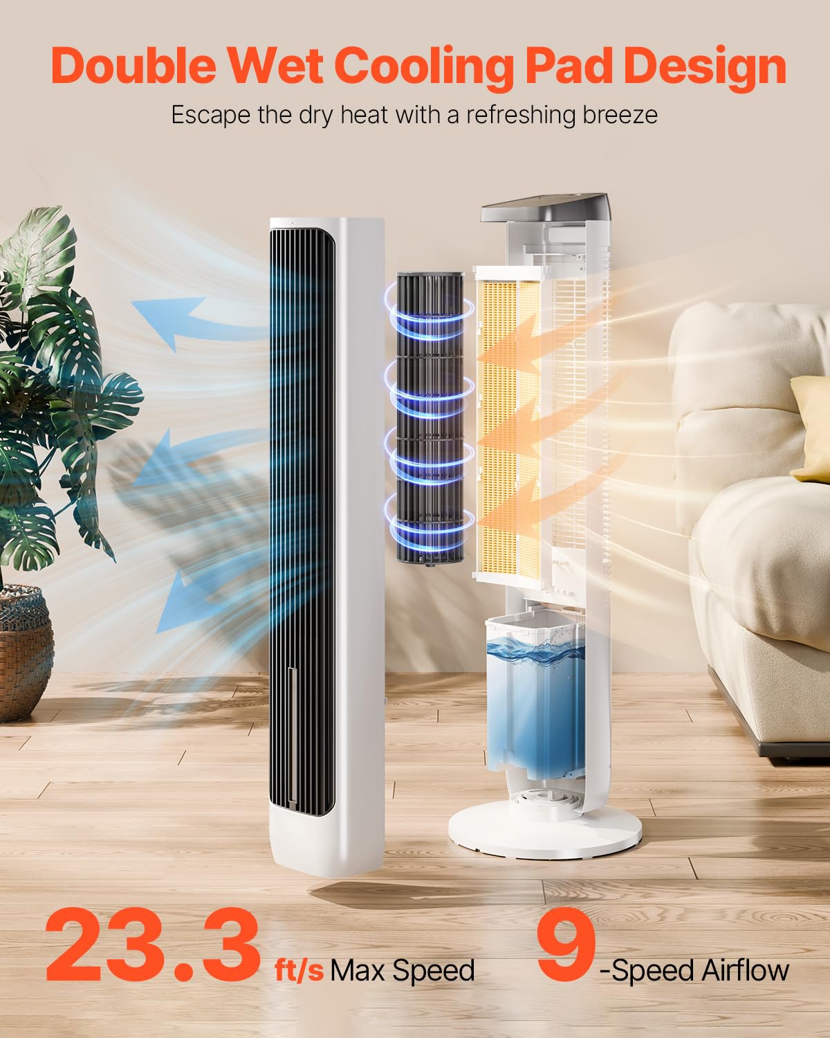 VEVOR Ventilateur Colonne, 1017 mm, Ventilateur Tour Sol Oscillant 70° Silencieux Portable, 7 m/s, Vitesses Réglables, avec Minuterie 24 h, Télécommande, Refroidissement pour Chambre, Bureau, Maison
