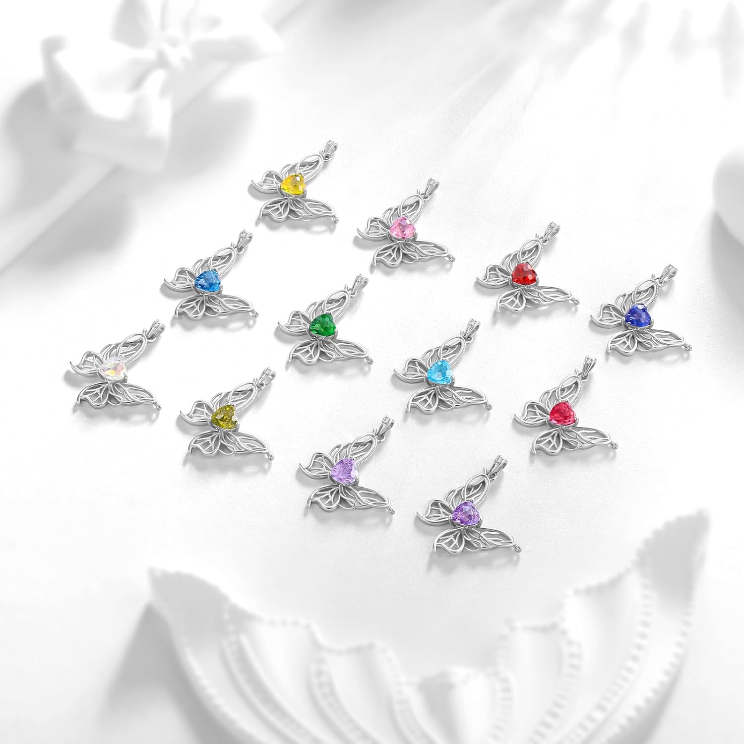 Filigree Butterfly Birthstone Pendant Necklace - 925 Sterling Silver Firework-Cut Heart Cubic Zirconia Twine Butterfly Necklace Anniversary Birthday Jewelry Gift for Women Wife Mom Daughter - Image 6
