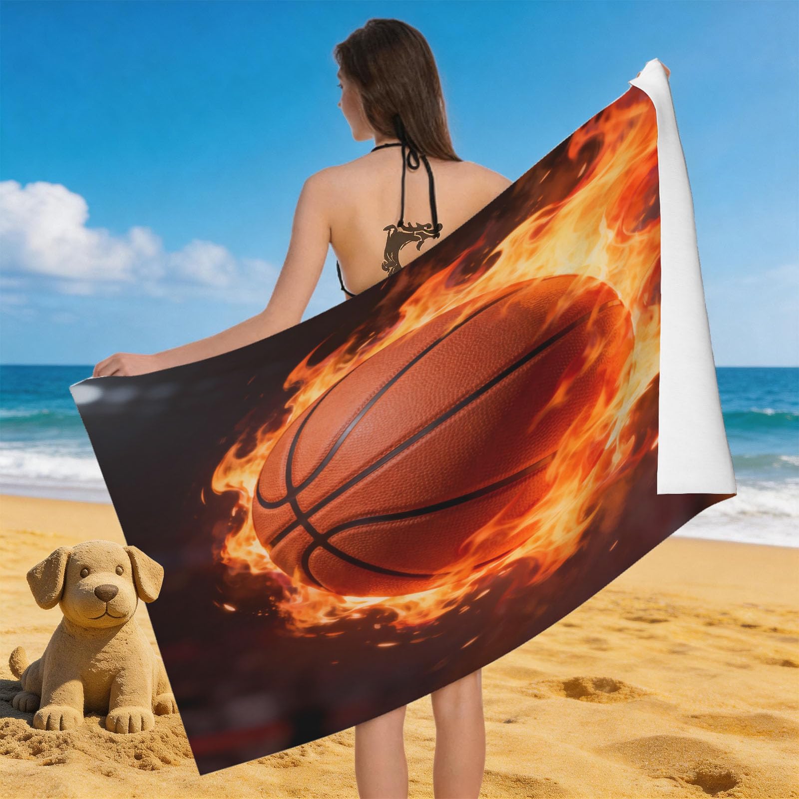 Leichong 3D Burning Basketball Beach Towel Microfiber Soft Quick Dry for Adults, Sport Bath Towel Lightweight Soft Absorbent for Travel Swimming Pool Sports, 75 x 150 cm