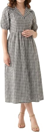 Kuraki Womens Casual Short Puff Sleeve V Neck Gingham Midi Dress