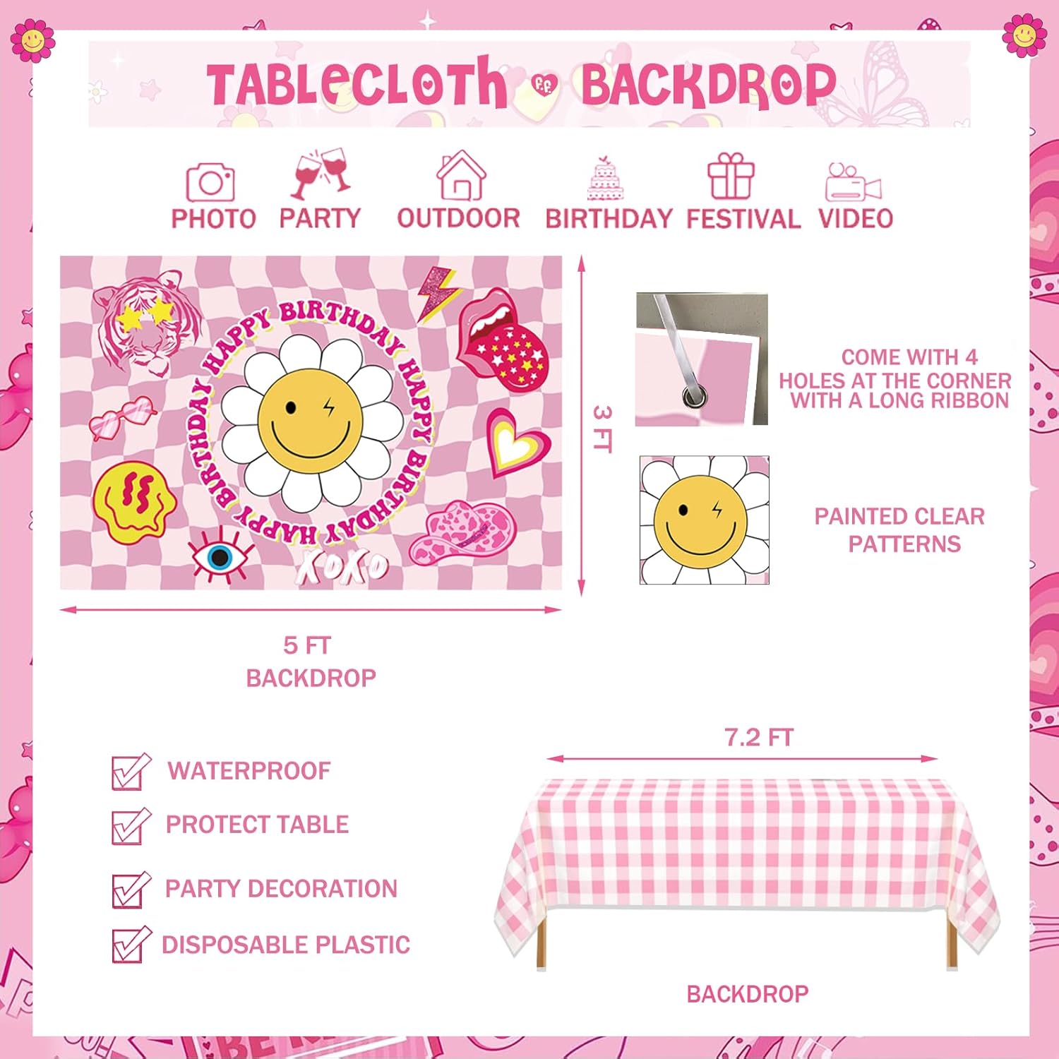 Preppy Birthday Decorations - Y2K Smiley Face Party Pack, Pink & Yellow Backdrop Banner, Balloon Garland, Tablecloth, Cake & Cupcake Toppers, Stickers & Cutouts