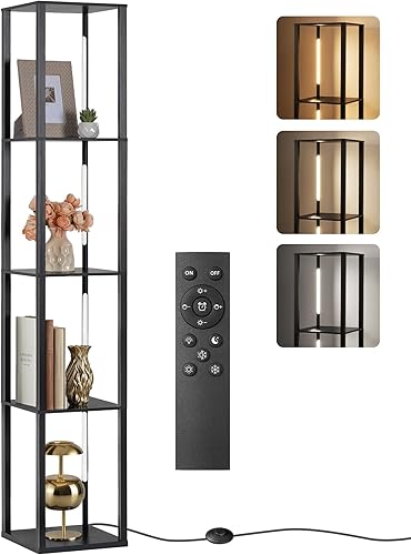 Miniatura 8 de Estante de exhibición de 64.2 pulgadas con luz, lámpara de pie de esquina moderna con estantes, lámpara de pie LED regulable con control remoto para