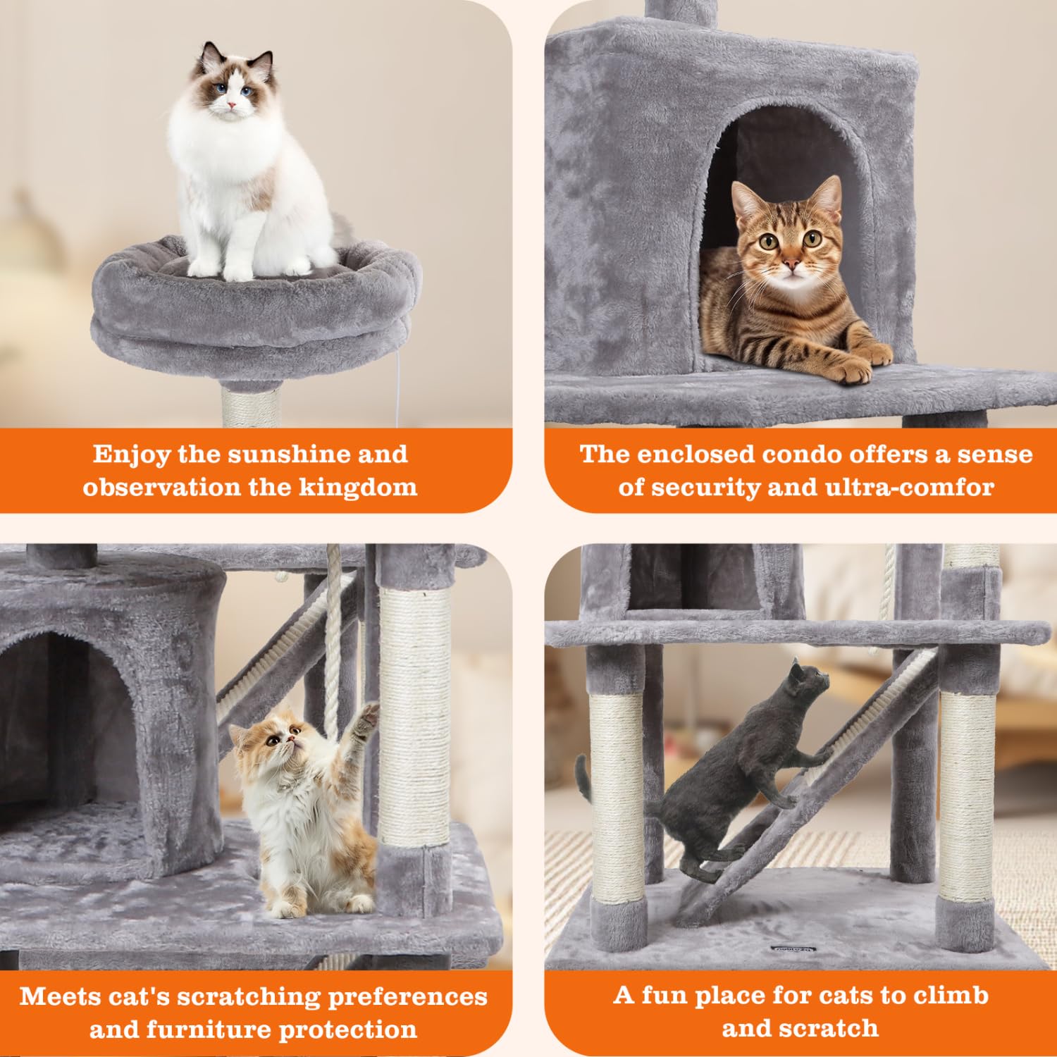 Nobleza - Árbol para Gatos, Altura 161 cm, con 5 Postes Rascadores, 5 Plataformas, 2 Cueva,1 Escalera, pompón, Cuerda de sisal, Tela de Felpa, Rascador Multinivel para Gatos Grandes,Gris