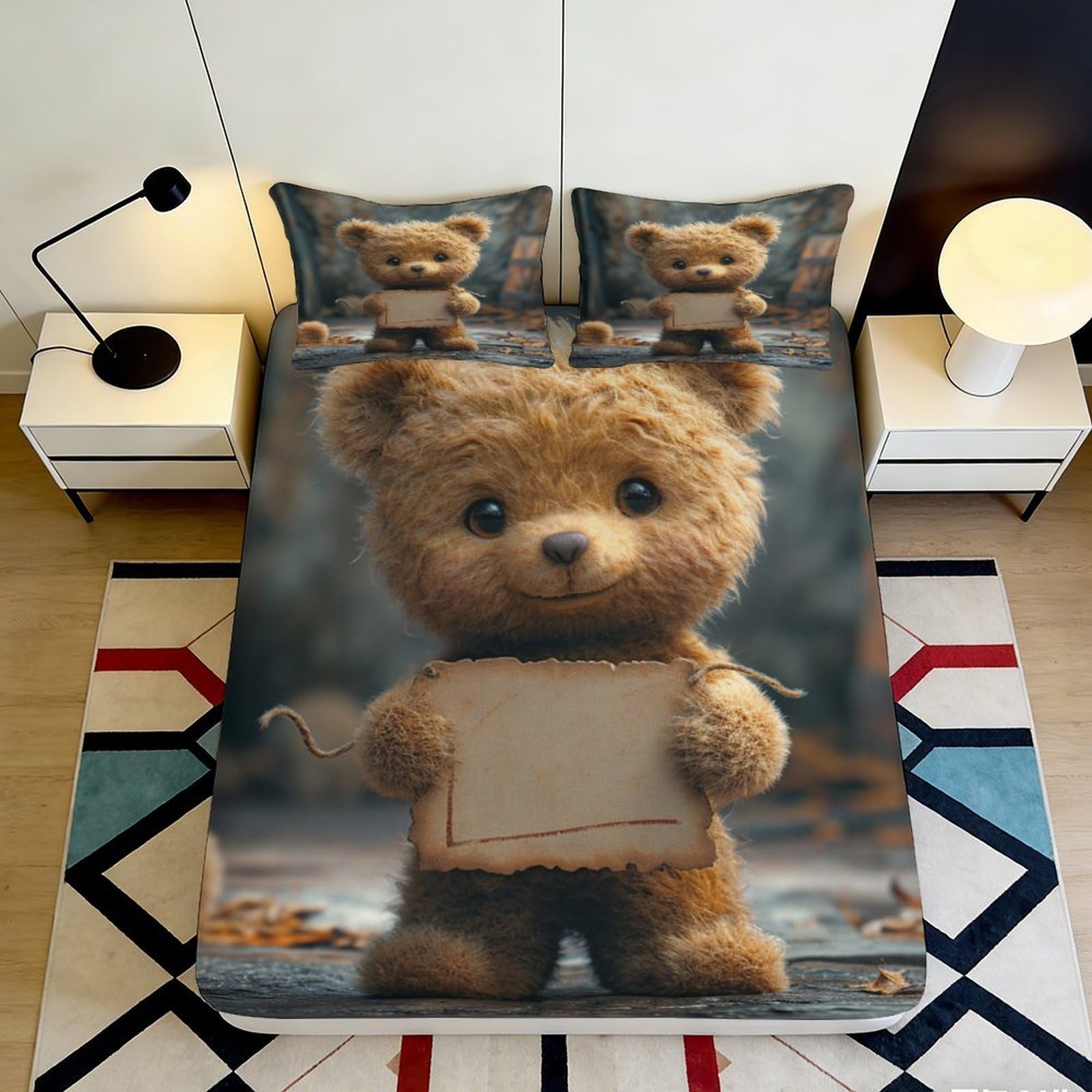 Decor Teddy Bear Fitted Sheet 3D Printed, Soft Touch Microfiber Bed Cover, Wrinkle Resistant, Home Decor, Guest Room Bedding 115 90x200x25cm
