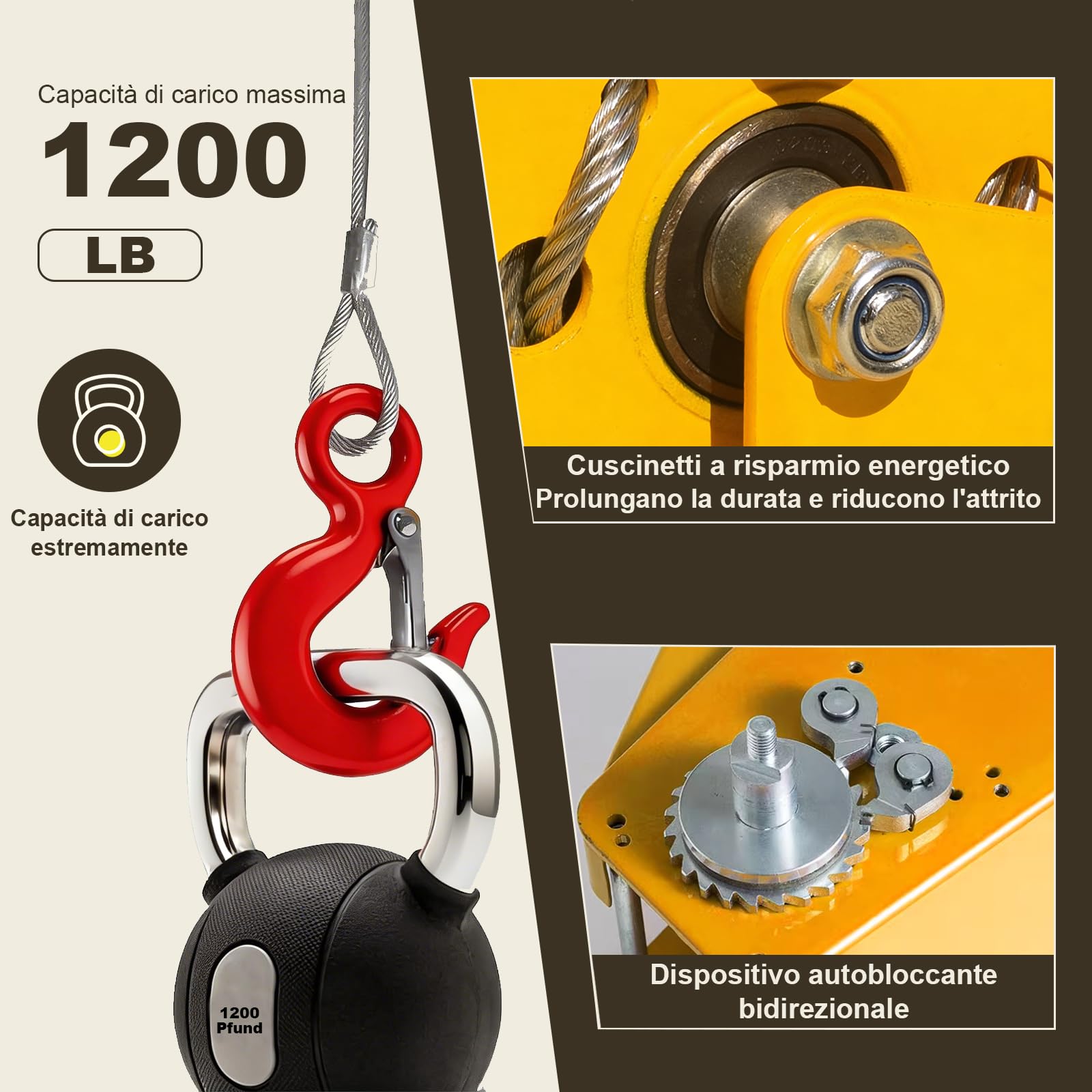 Verricello Manuale Portatile 500-1100kg, Freno Automatico Autobloccaggio, Fune Metallica con Gancio Sicurezza, per Imbarcazioni, Rimorchi, Sollevamento(10m,1200lbs)