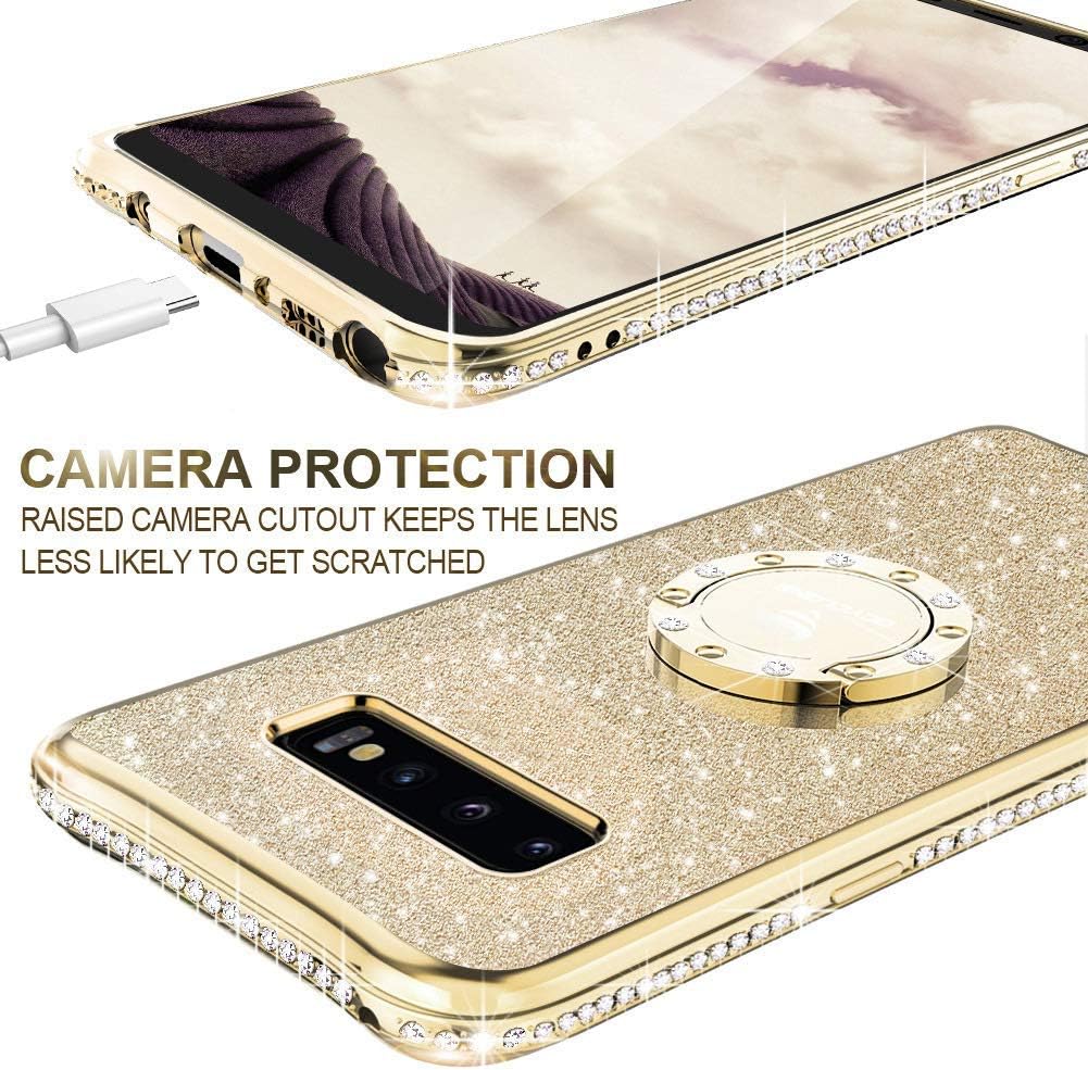 OCYCLONE Galaxy S10 Case, Glitter Luxury Cute Phone Case for Women Girls with Kickstand, Bling Diamond Rhinestone Bumper with Ring Stand Compatible with Galaxy S10 Case for Girl Women - Gold