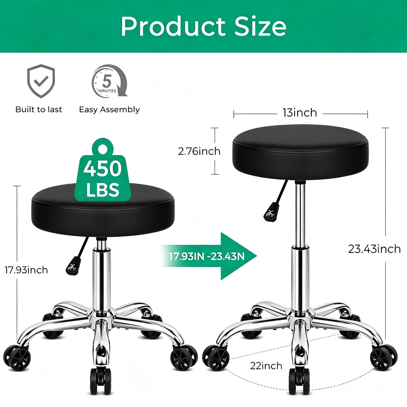 Heavy-Duty Rolling Stool with Wheels, 450 lb Capacity, Adjustable 360° Swivel Seat