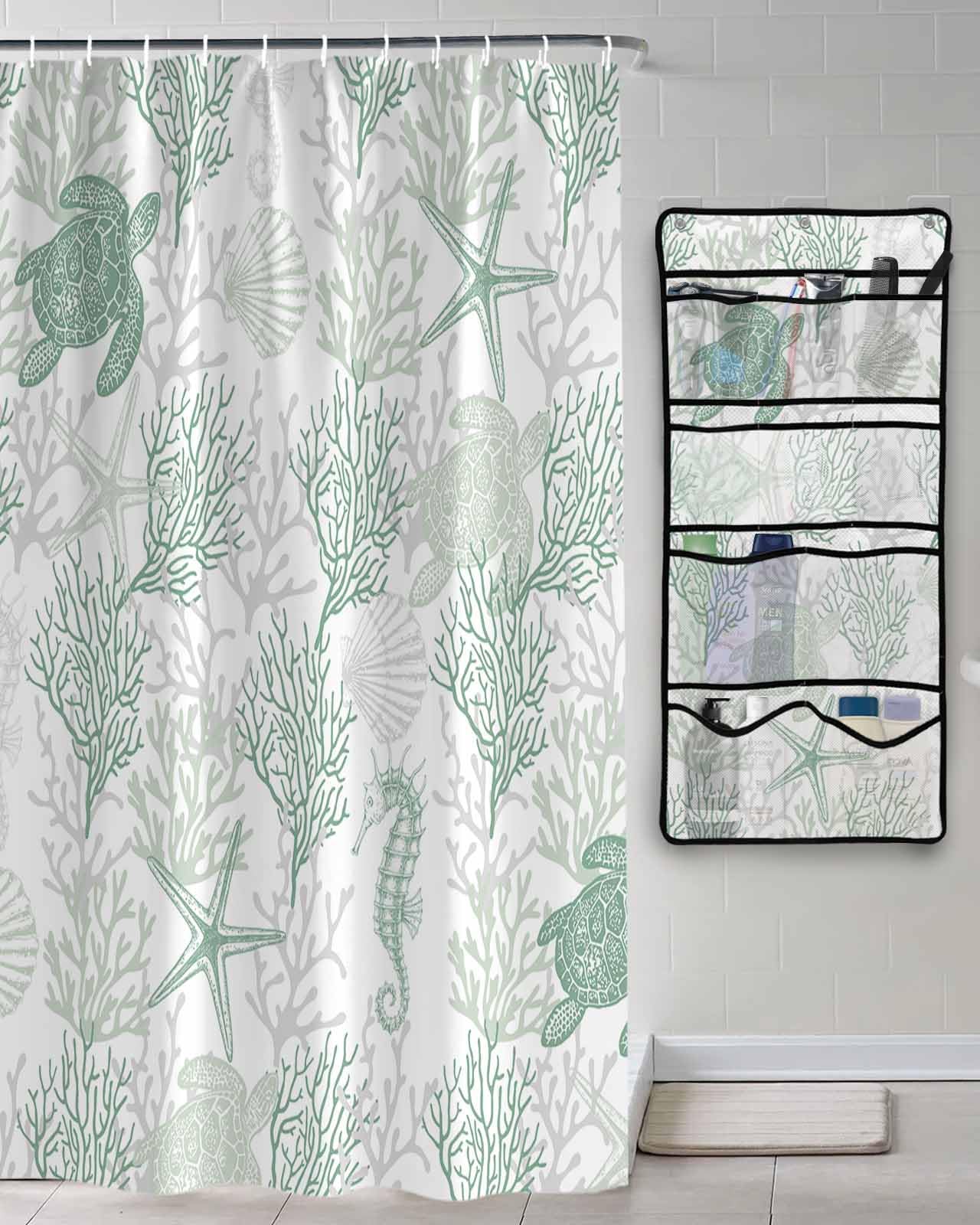 Shower Curtain Mesh Shower Organizer Hanging Set Summer Sage Green Ocean Sea Turtle Coral Sea Waterproof Shower Curtains