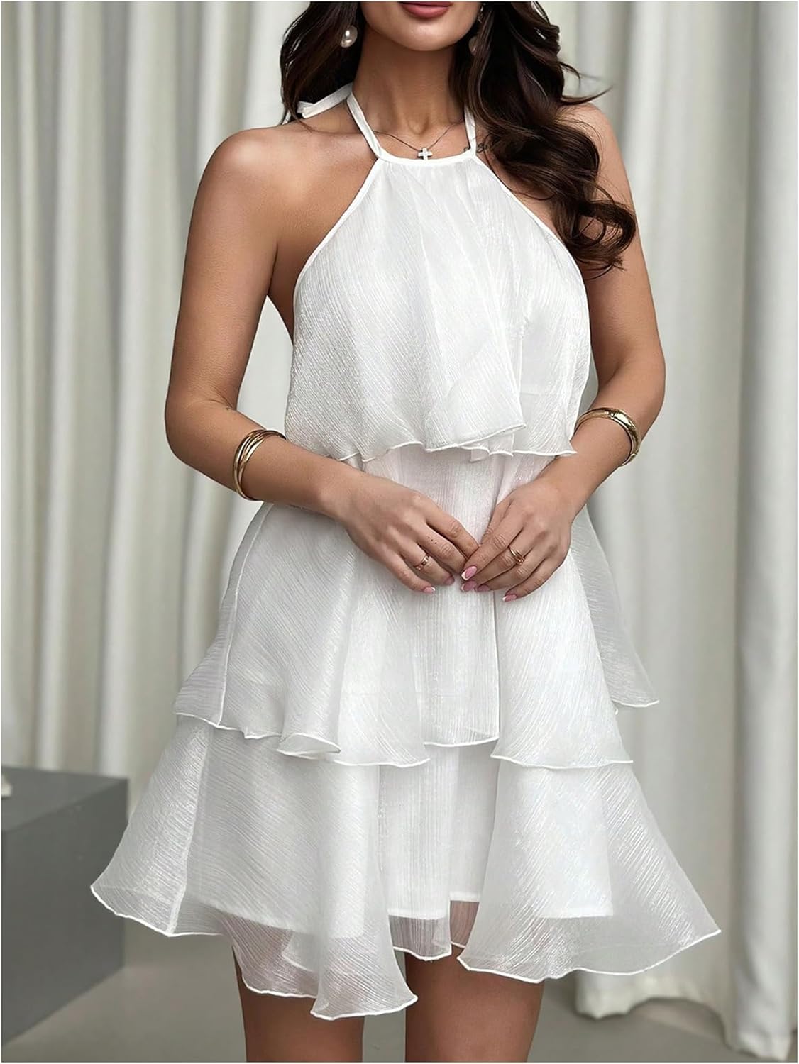 Floerns Women's Elegant Tie Backless Halter Chiffon Dress Sleeveless Tiered A Line Ruffle Hem Flowy Mini Dresses - Image 3