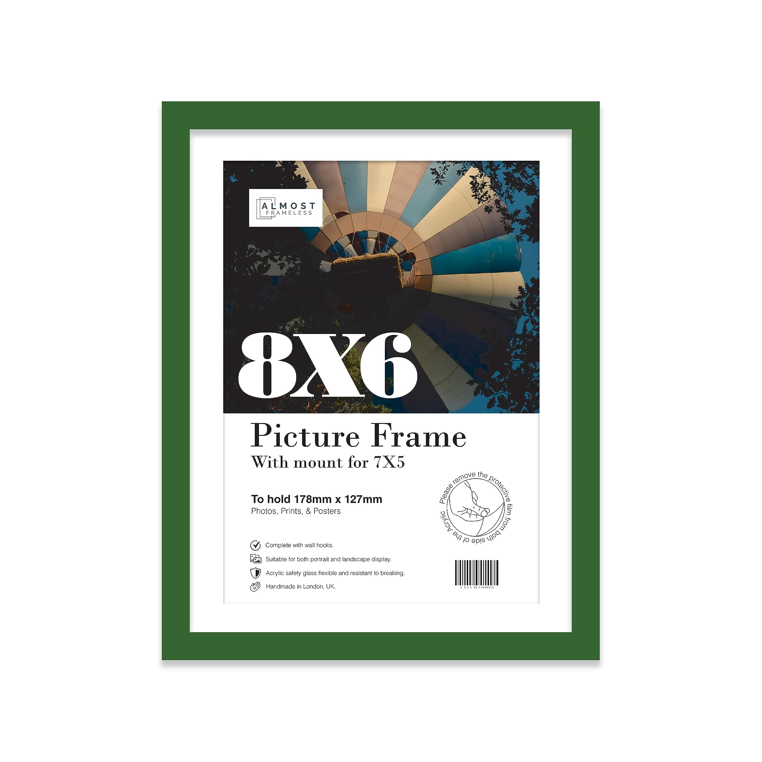 Almost Frameless 8x6 Green Picture Frame With Mount for 7x5 Print, Poster or Photo Poster, Photo, Artwork, or Print. Thin Edge Slim Frame Portrait and Landscape Display with Wall Hooks