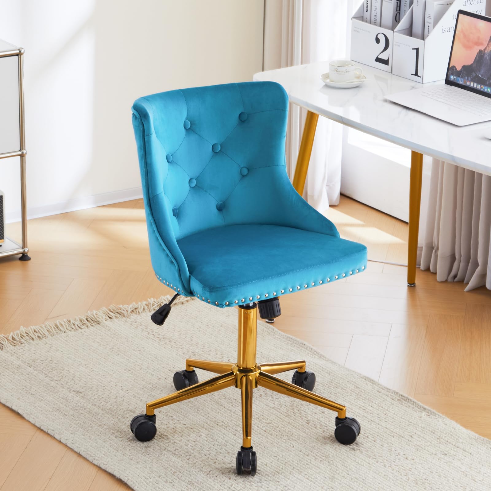 VINGLI Turquoise Blue Armless Home Office Desk Chair with Gold Base/Wheels, Small Cute Vanity/Makeup Chair with Back for Bedroom, Upholstered Adjustable Rolling Swivel Nail Chair for Women/Girls