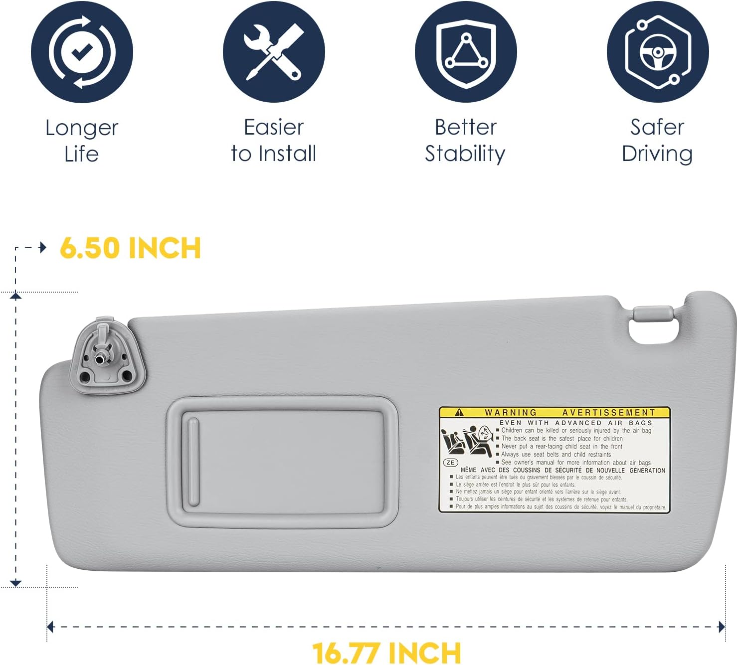 Left Driver Side Sun Visor Fit for Toyota Highlander 2004 2005 2006 2007, Replace for 74310-48220-a0 Gray, Without Light