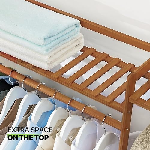 Miniatura 7 de Magshion Perchero de bambú abierto para colgar ropa, elegante y funcional perchero de bambú con varillas dobles y estantes de almacenamiento