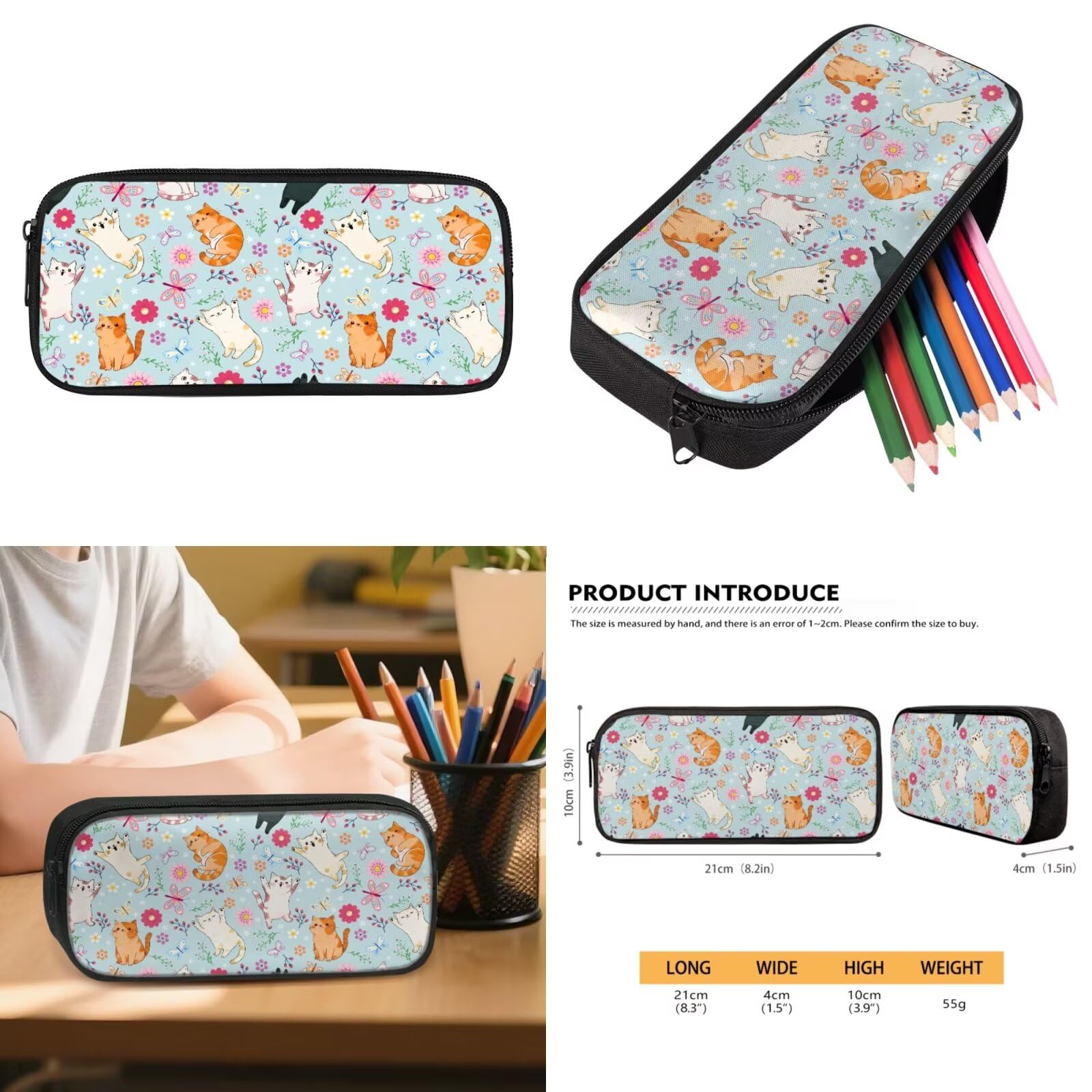 Kinder Rucksack Set 4-in-1 für Grundschule Mittelschule Schultasche mit Lunchbox Federmäppchen Wasserflasche Tasche für Mädchen Jungen, Hellblaue Katze mit Blumenmuster, Rucksack Backpacks