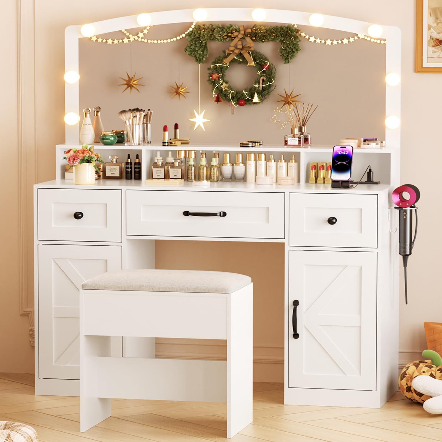 Farmhouse Vanity Desk with Mirror and Lights&Stool and Power Outlet, 43.3" Large 3 LED Lights Modes Makeup Vanity Table with 7 Drawers, 2 Cabinets& Large Mirror,Bedroom Vanity Desk,White