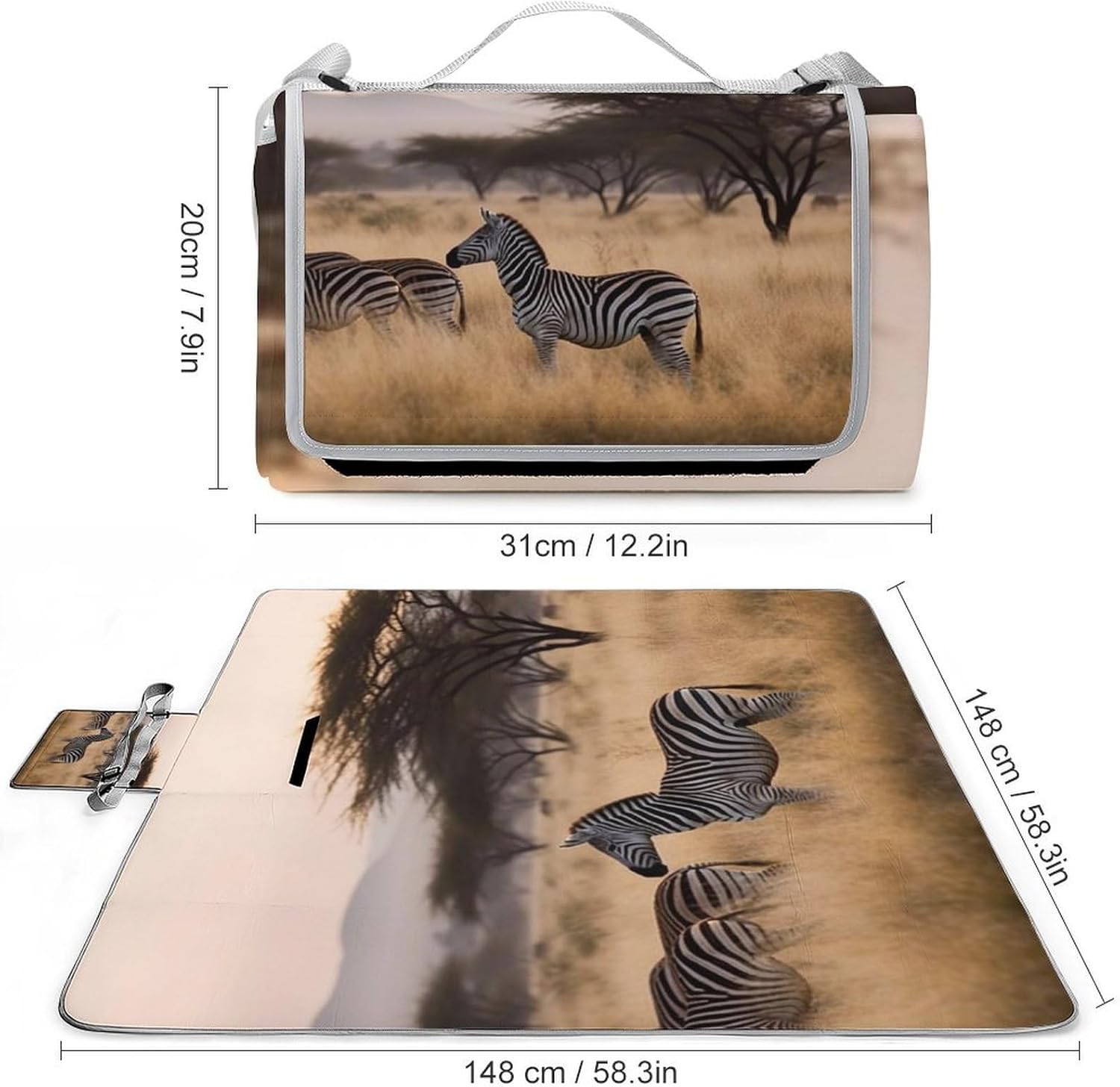 Africa Grassland Zebra Waterproof Picnic Blanket 58.3''x58.3'',Portable and Foldable Picnic Mat with Handle,Outdoor Blankets for Lawn Park Beach Travel