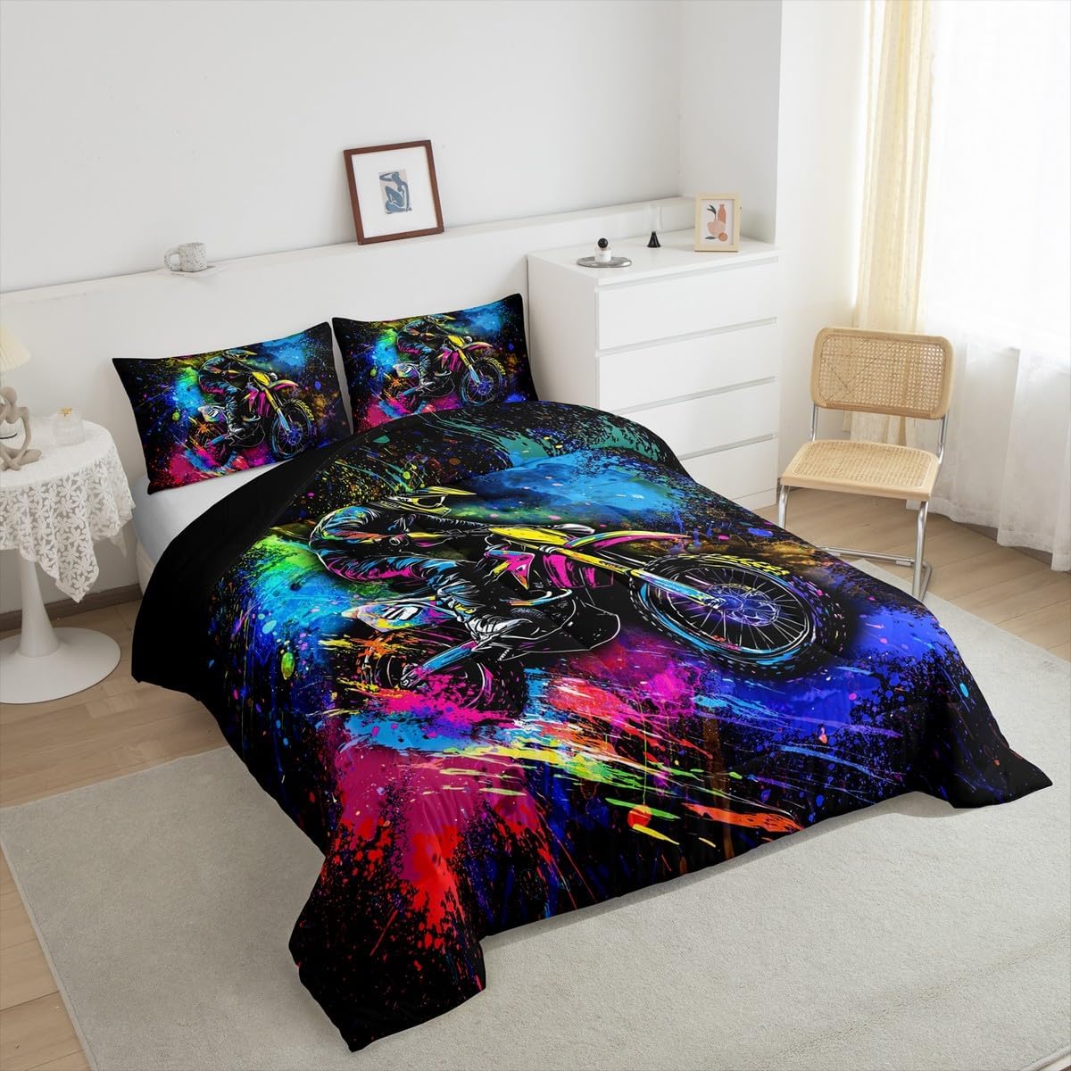 Feelyou Kids Boys Dirt Bike Comforter Set,Motocross Motorcycle Racer Bedding Set Queen Size,Boys Room Decor,Dirt Bike Motor Comforter,Extreme Sports Tie Dye Bed Set for All Season